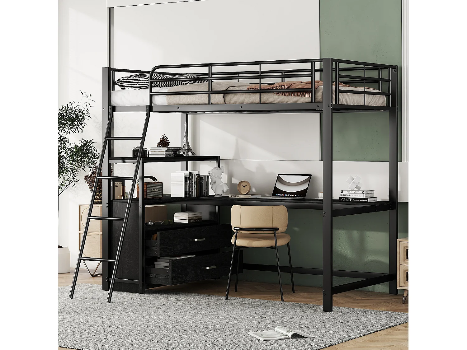 Lit mezzanine 90 x 200 cm avec bureau, 2 tiroirs et étagères de ragement - Métal - Coloris noir