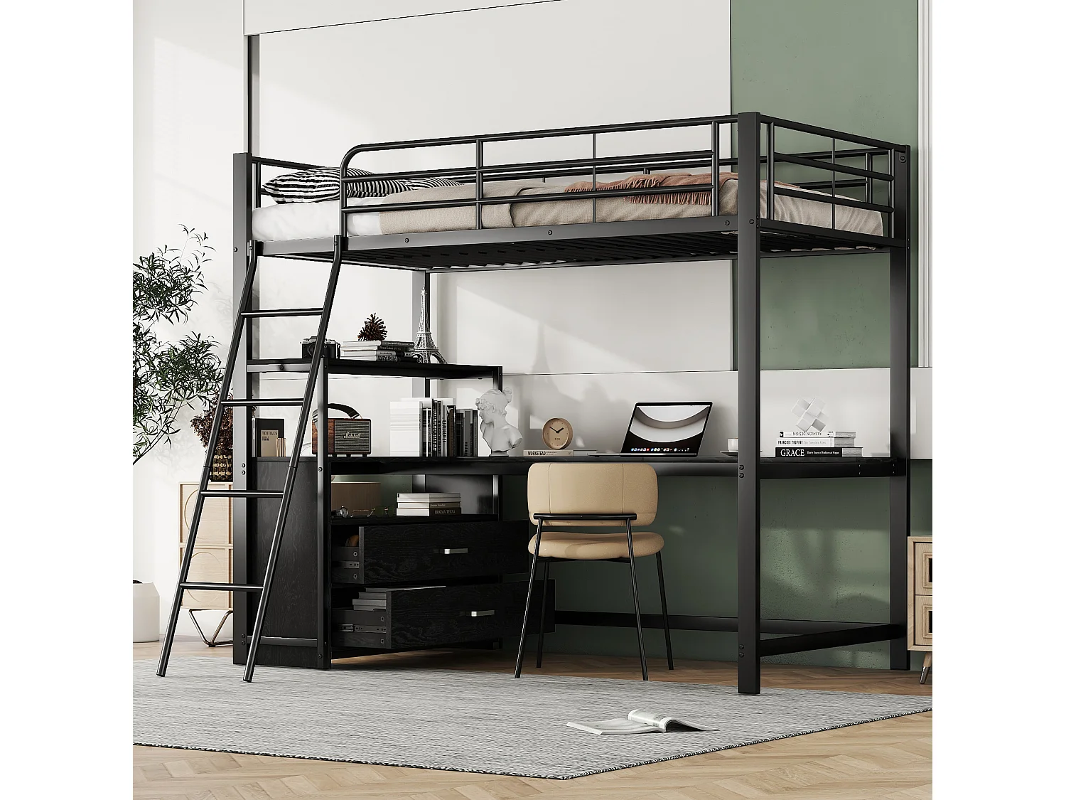 Lit mezzanine 90 x 200 cm avec bureau, 2 tiroirs et étagères de ragement - Métal - Coloris noir