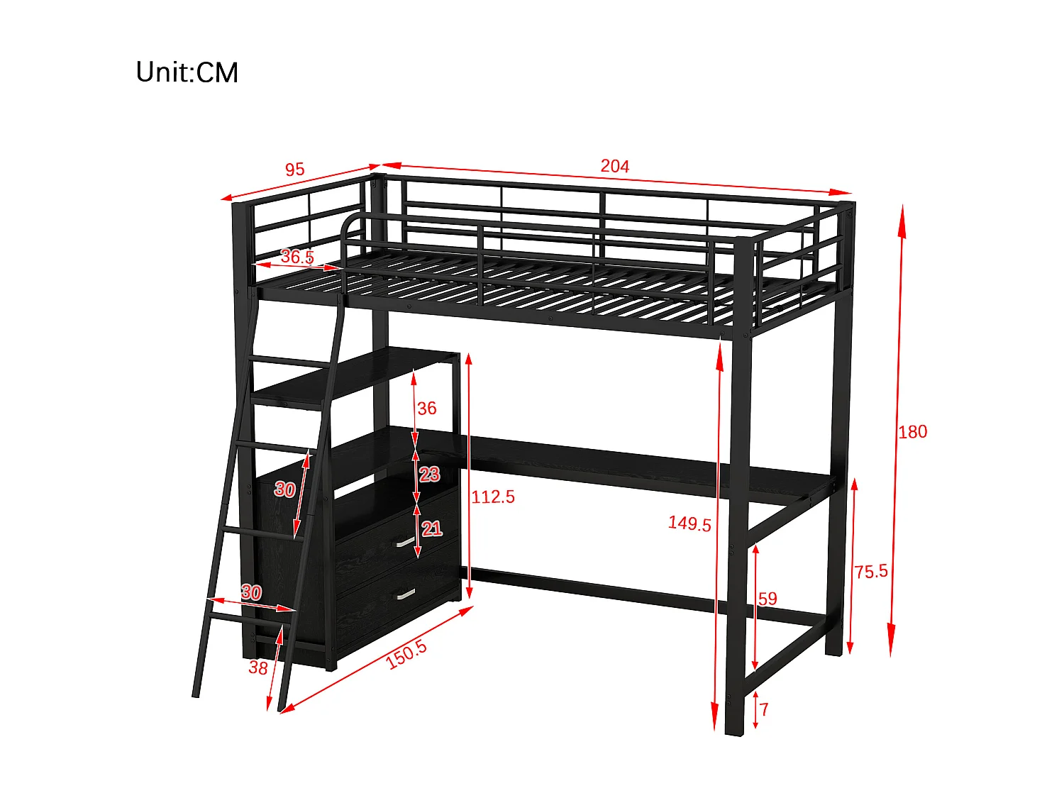 Lit mezzanine 90 x 200 cm avec bureau, 2 tiroirs et étagères de ragement - Métal - Coloris noir