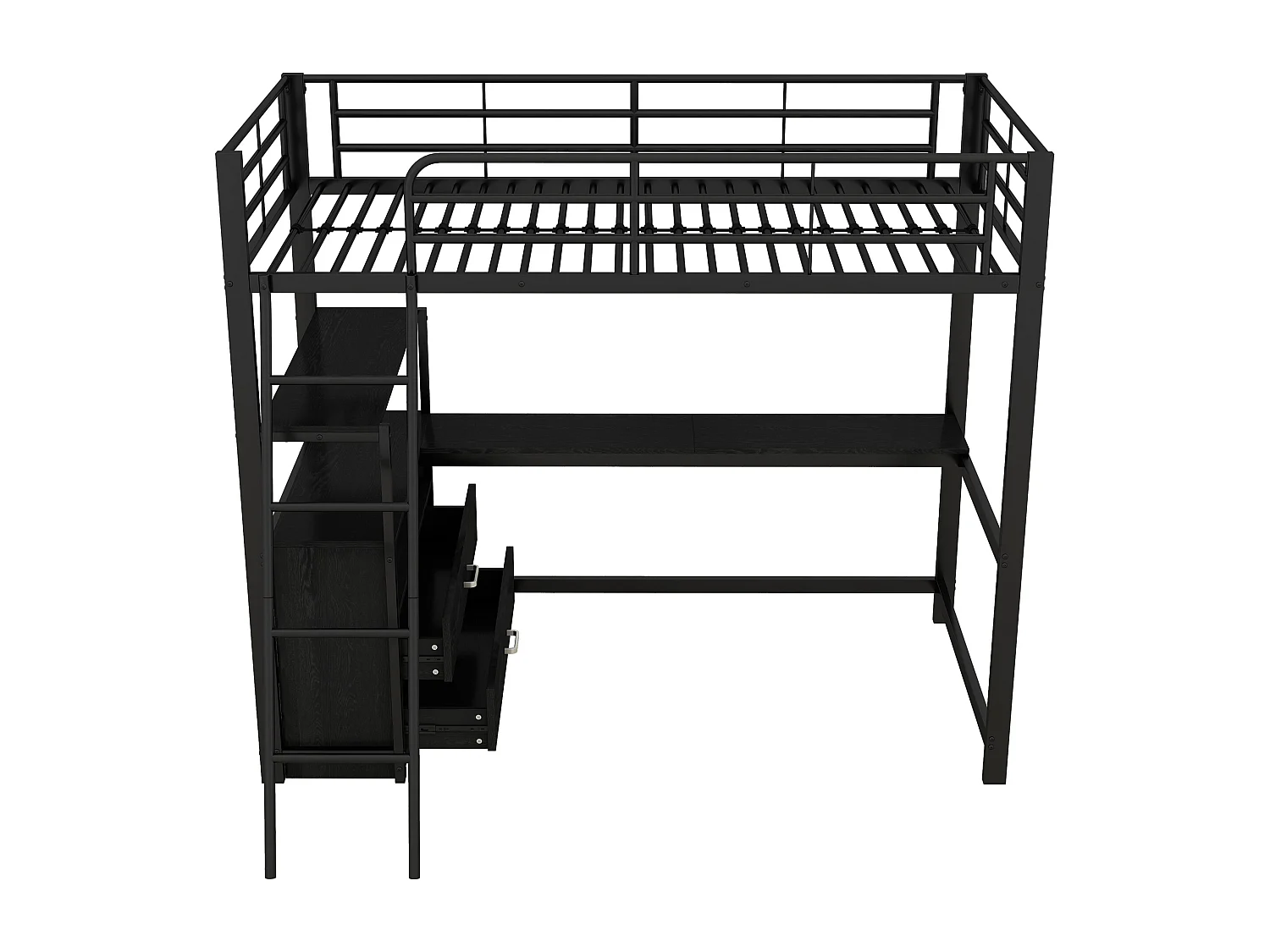 Lit mezzanine 90 x 200 cm avec bureau, 2 tiroirs et étagères de ragement - Métal - Coloris noir