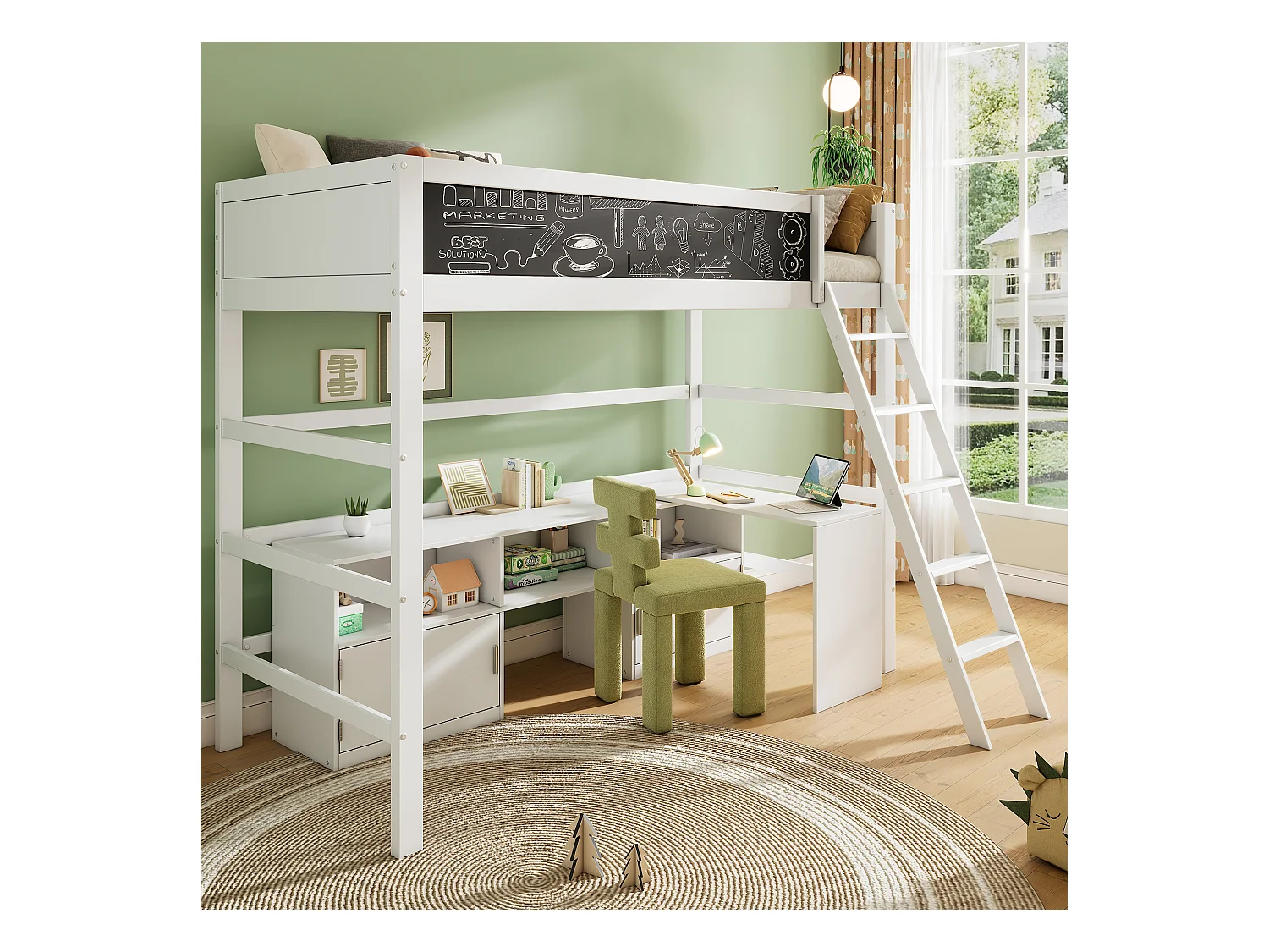 Lit mezzanine 90 x 200 cm avec bureau, armoir de rangement et tableau noir - bois de pin - coloris blanc