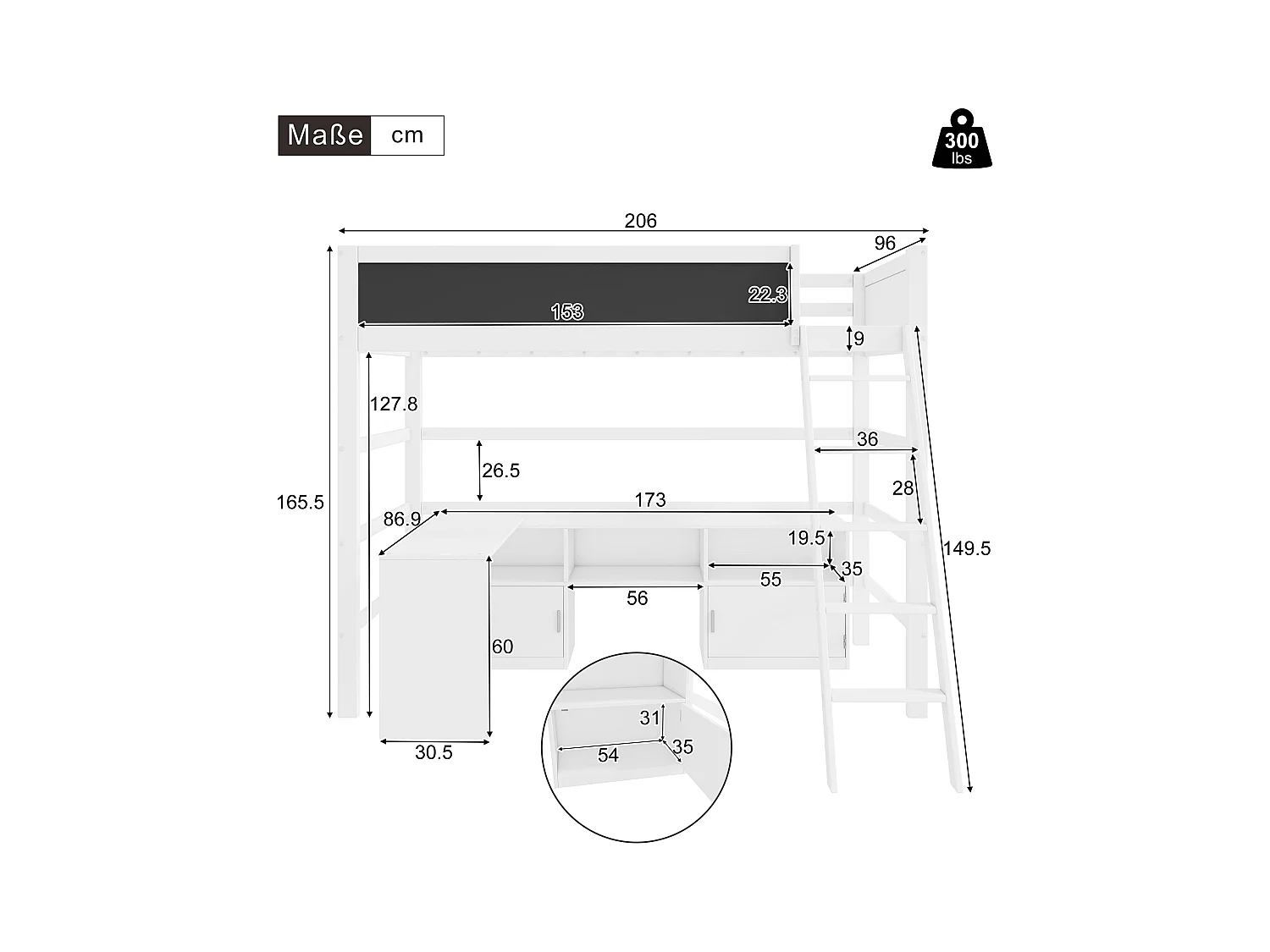 Lit mezzanine 90 x 200 cm avec bureau, armoir de rangement et tableau noir - bois de pin - coloris blanc
