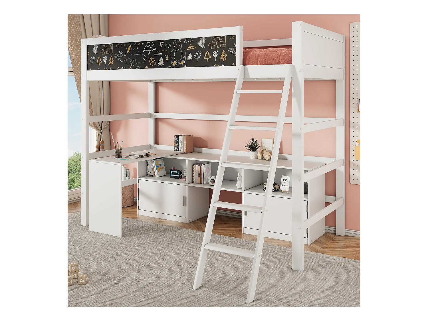 Lit mezzanine 90 x 200 cm avec bureau, armoir de rangement et tableau noir - bois de pin - coloris blanc