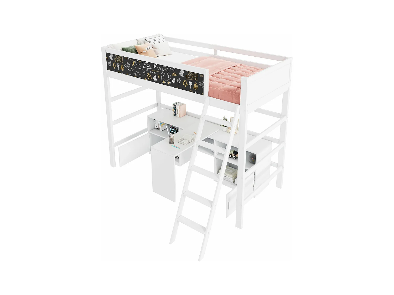 Lit mezzanine 90 x 200 cm avec bureau, armoir de rangement et tableau noir - bois de pin - coloris blanc