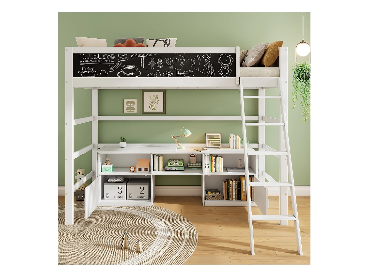 Lit mezzanine 90 x 200 cm avec bureau, armoir de rangement et tableau noir - bois de pin - coloris blanc