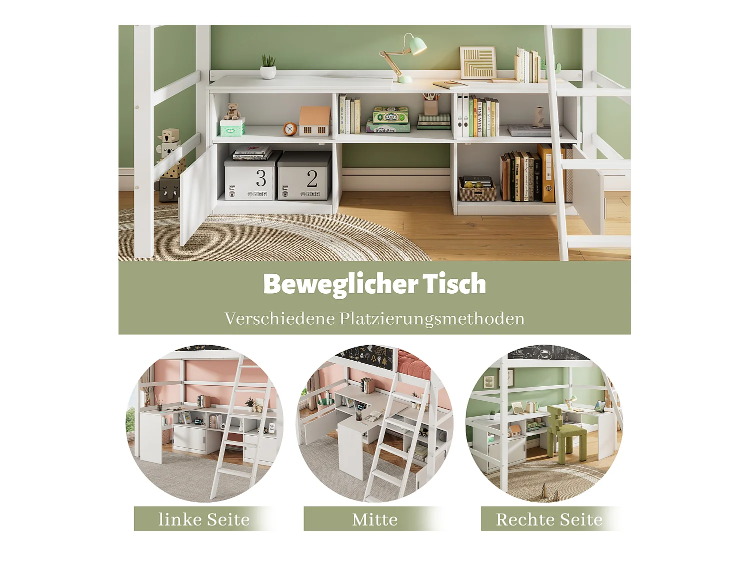 Lit mezzanine 90 x 200 cm avec bureau, armoir de rangement et tableau noir - bois de pin - coloris blanc