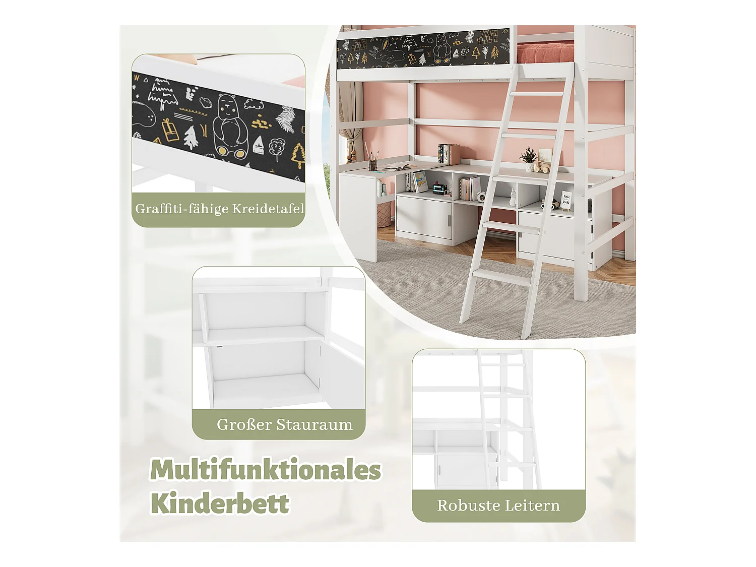 Lit mezzanine 90 x 200 cm avec bureau, armoir de rangement et tableau noir - bois de pin - coloris blanc