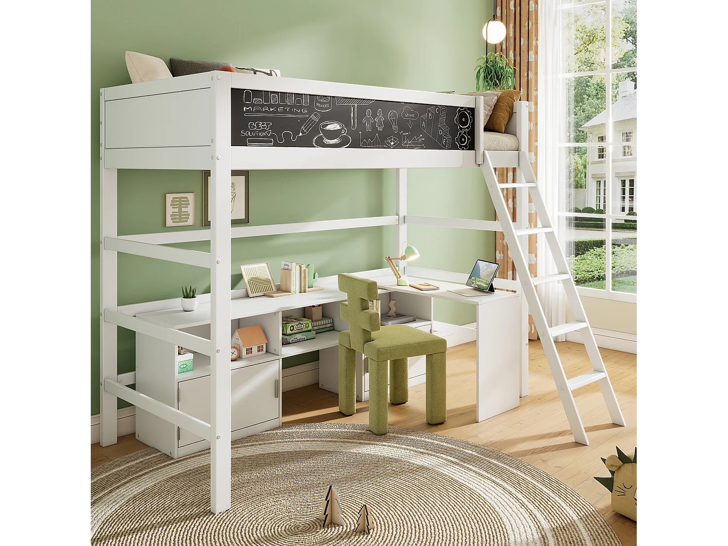 Lit mezzanine 90 x 200 cm avec bureau, armoir de rangement et tableau noir - bois de pin - coloris blanc