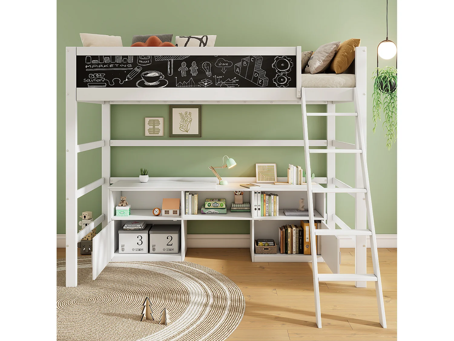 Lit mezzanine 90 x 200 cm avec bureau, armoir de rangement et tableau noir - bois de pin - coloris blanc