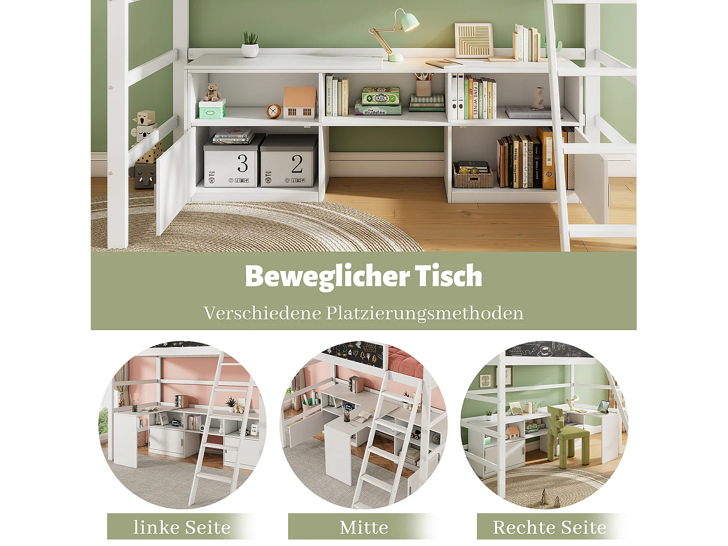 Lit mezzanine 90 x 200 cm avec bureau, armoir de rangement et tableau noir - bois de pin - coloris blanc