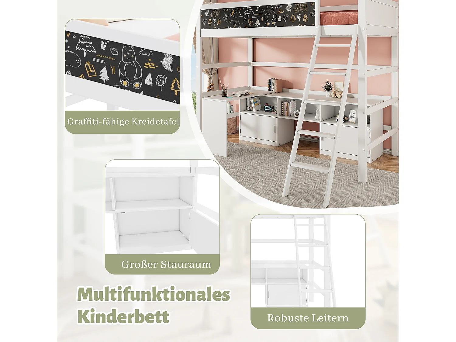 Lit mezzanine 90 x 200 cm avec bureau, armoir de rangement et tableau noir - bois de pin - coloris blanc