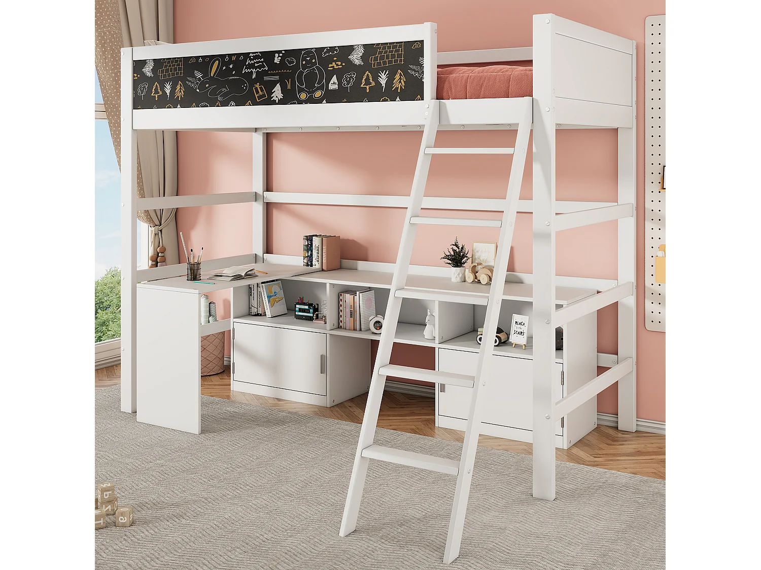 Lit mezzanine 90 x 200 cm avec bureau, armoir de rangement et tableau noir - bois de pin - coloris blanc