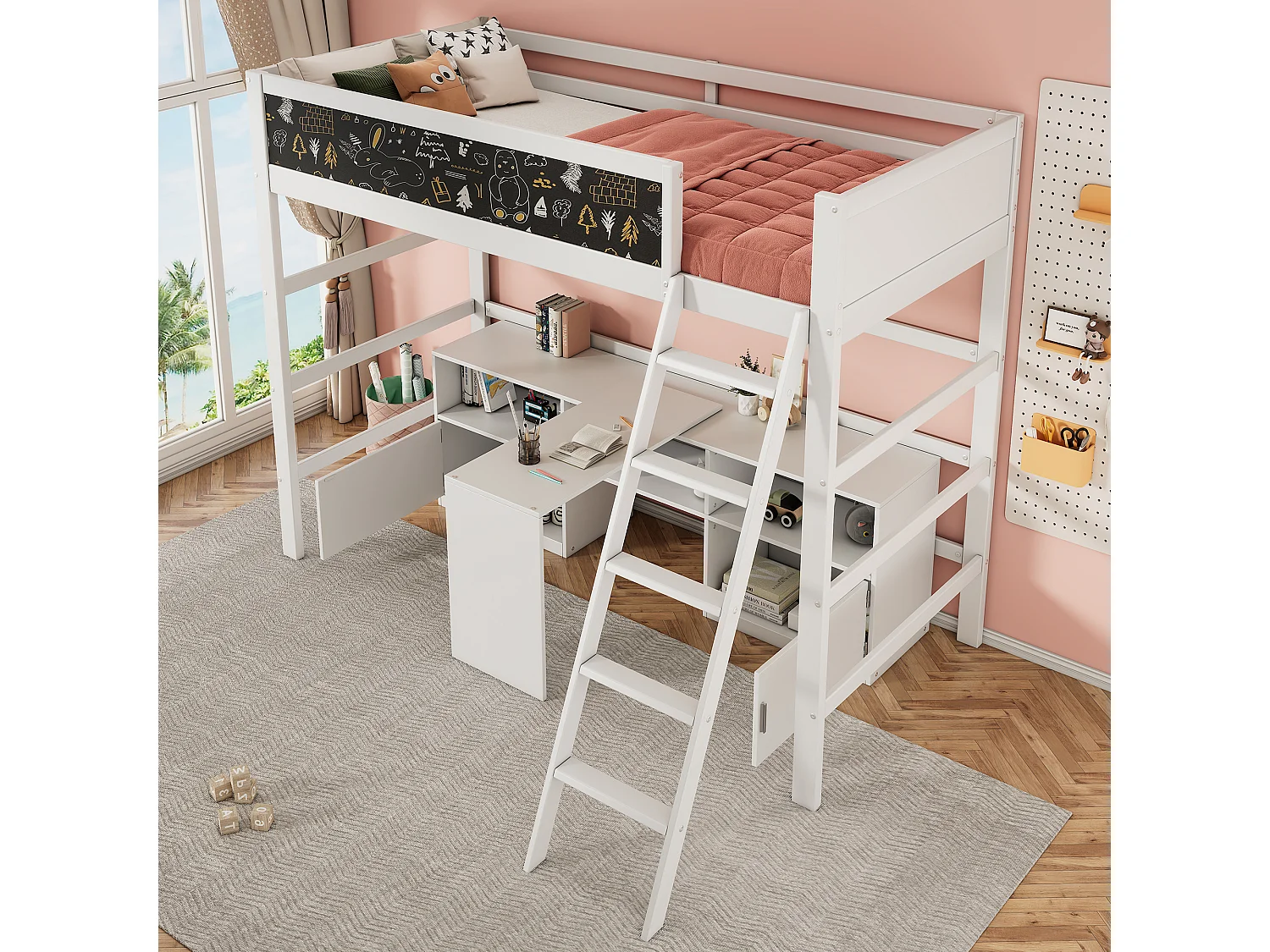 Lit mezzanine 90 x 200 cm avec bureau, armoir de rangement et tableau noir - bois de pin - coloris blanc