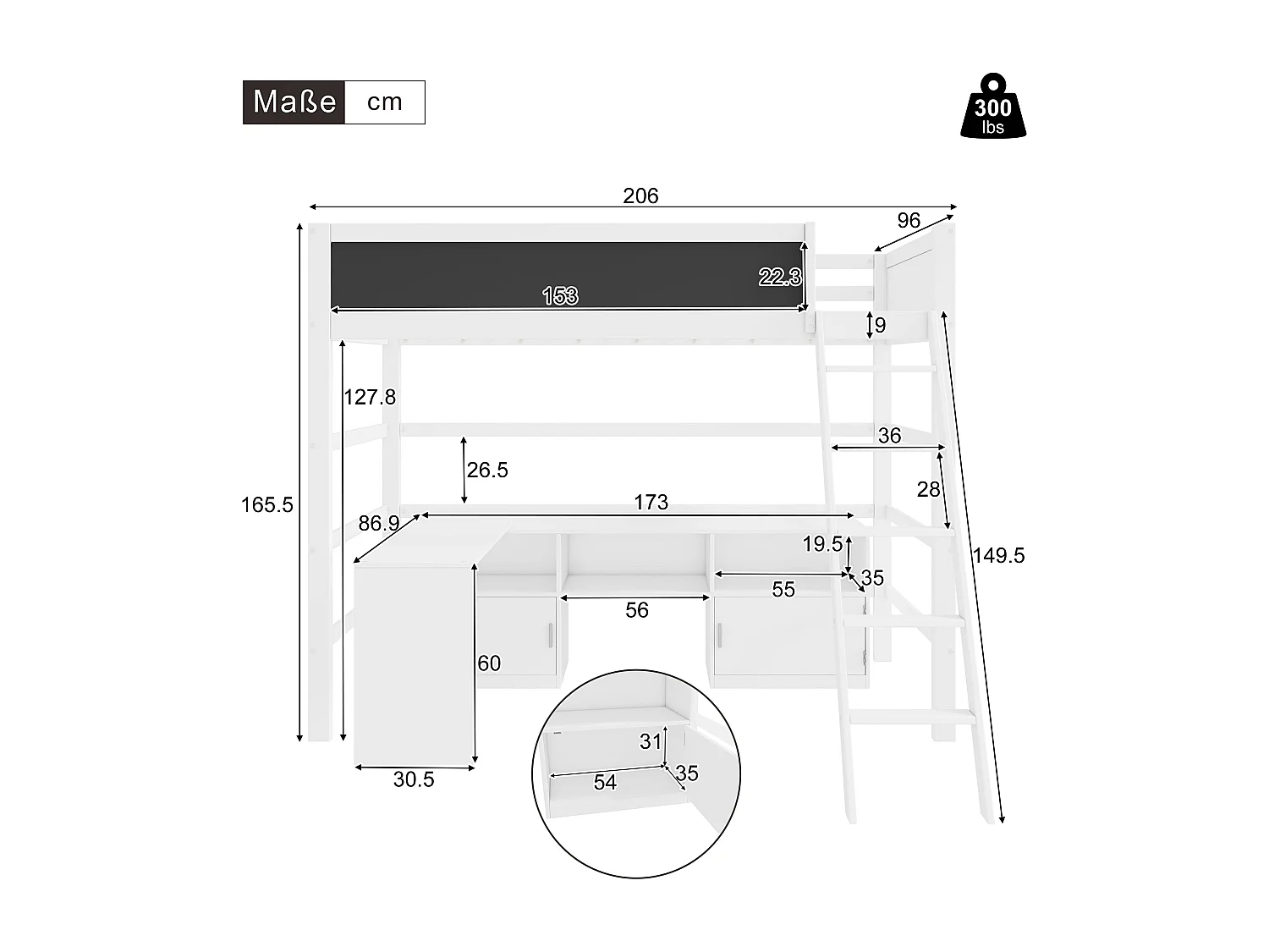Lit mezzanine 90 x 200 cm avec bureau, armoir de rangement et tableau noir - bois de pin - coloris blanc