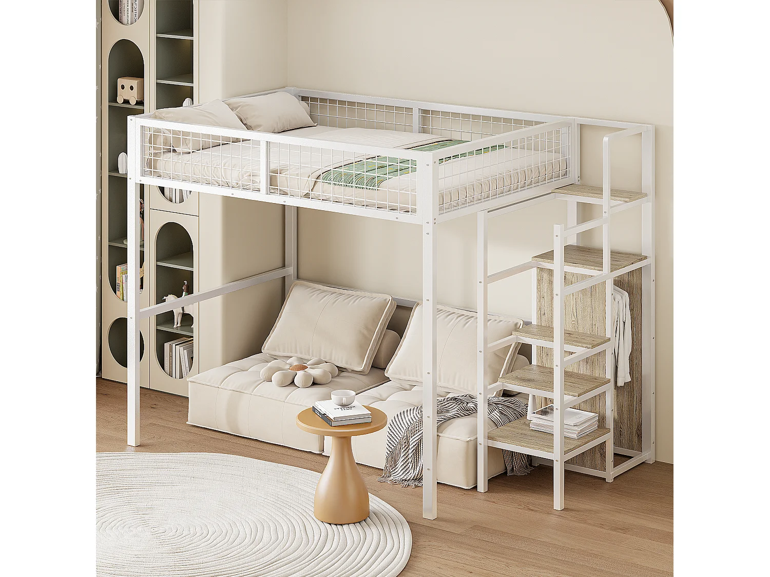 Lit mezzanine 140 x 200 cm avec armoire ouverte et échelle - structure en métal - blanc