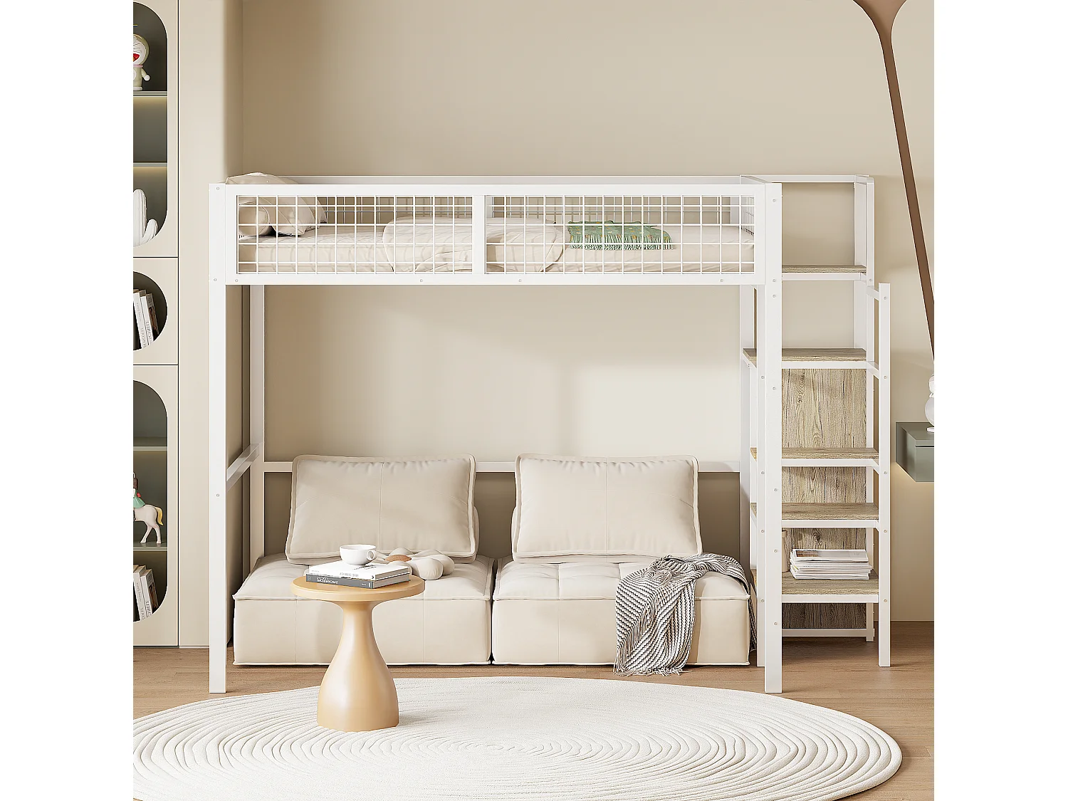 Lit mezzanine 140 x 200 cm avec armoire ouverte et échelle - structure en métal - blanc