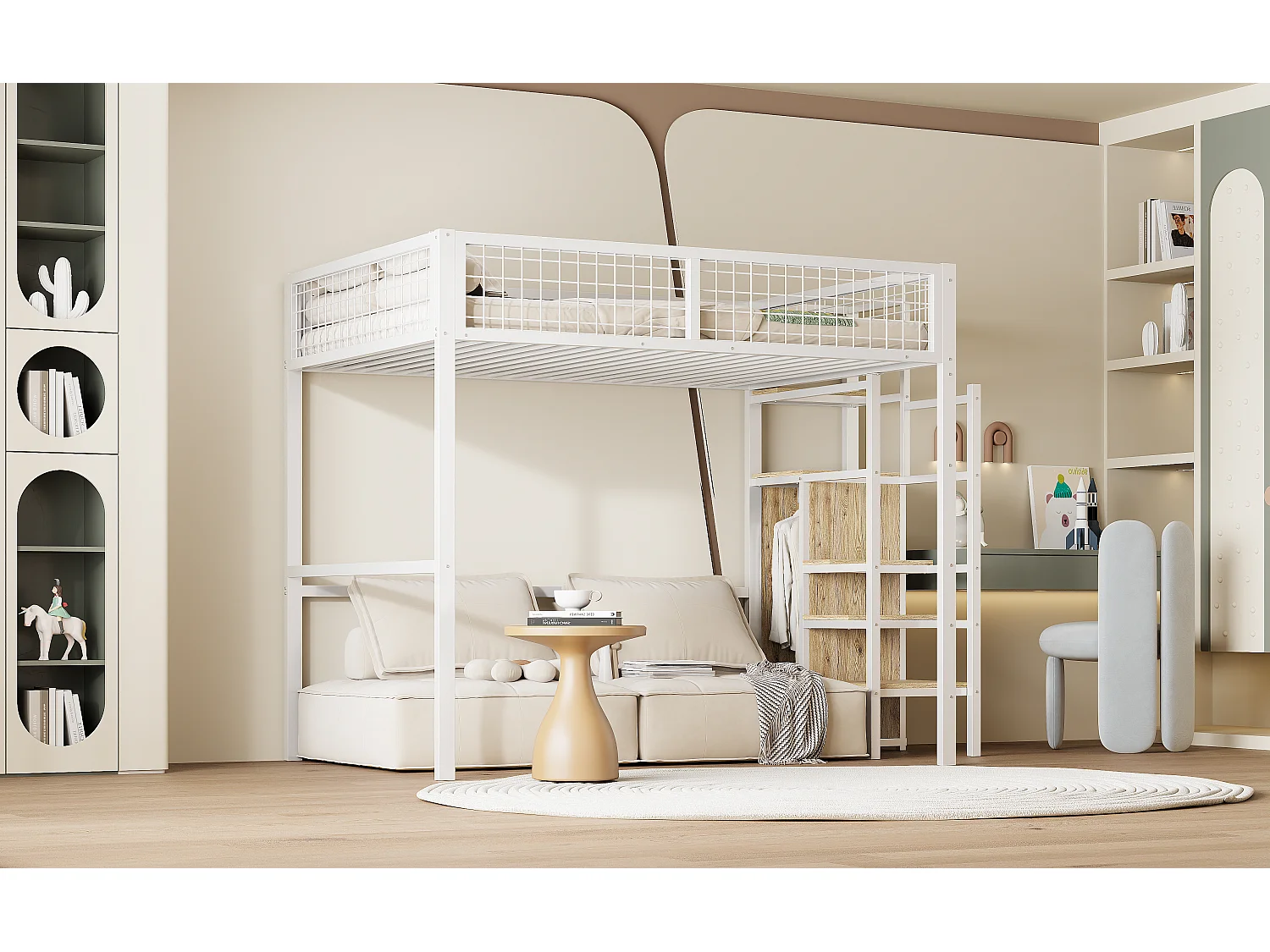 Lit mezzanine 140 x 200 cm avec armoire ouverte et échelle - structure en métal - blanc