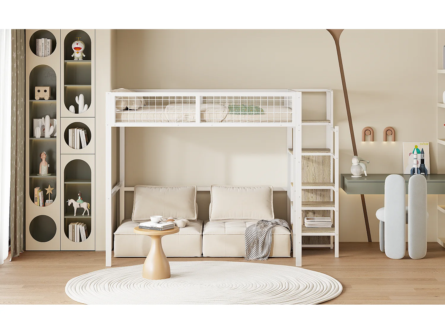 Lit mezzanine 140 x 200 cm avec armoire ouverte et échelle - structure en métal - blanc