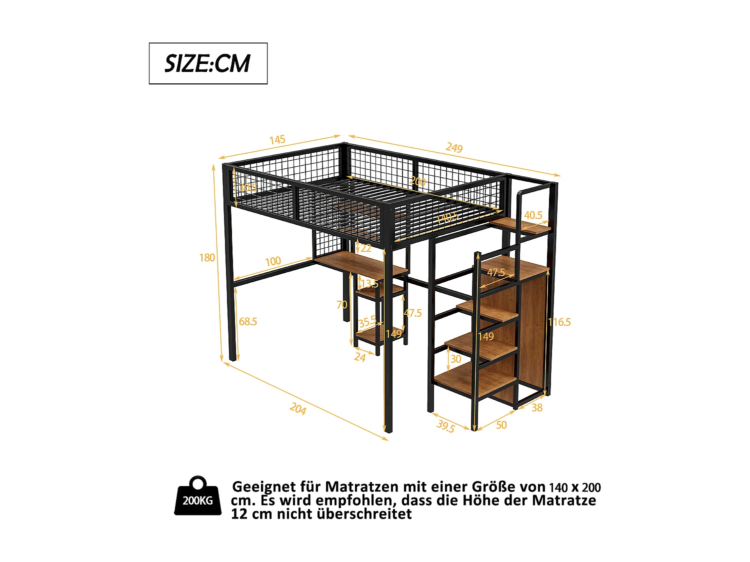 Hoogslaper 140 x 200 cm met bureau, opbergplanken en open kledingkast - Metaal en MDF hout - Kleur Zwart