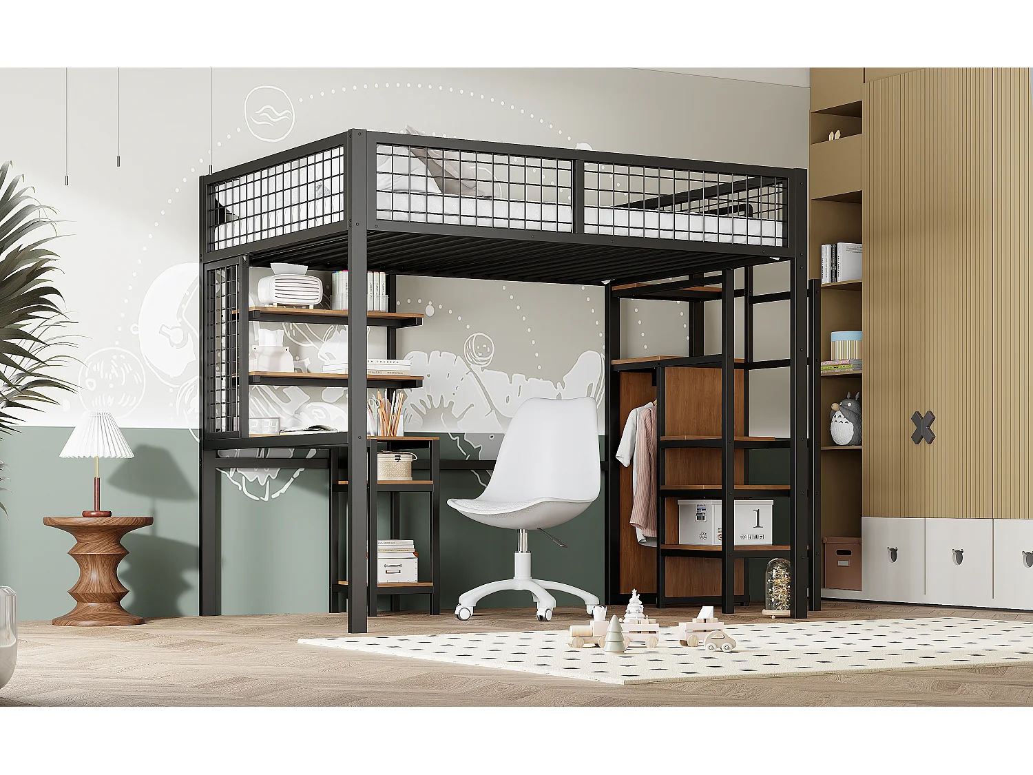 Hoogslaper 140 x 200 cm met bureau, opbergplanken en open kledingkast - Metaal en MDF hout - Kleur Zwart