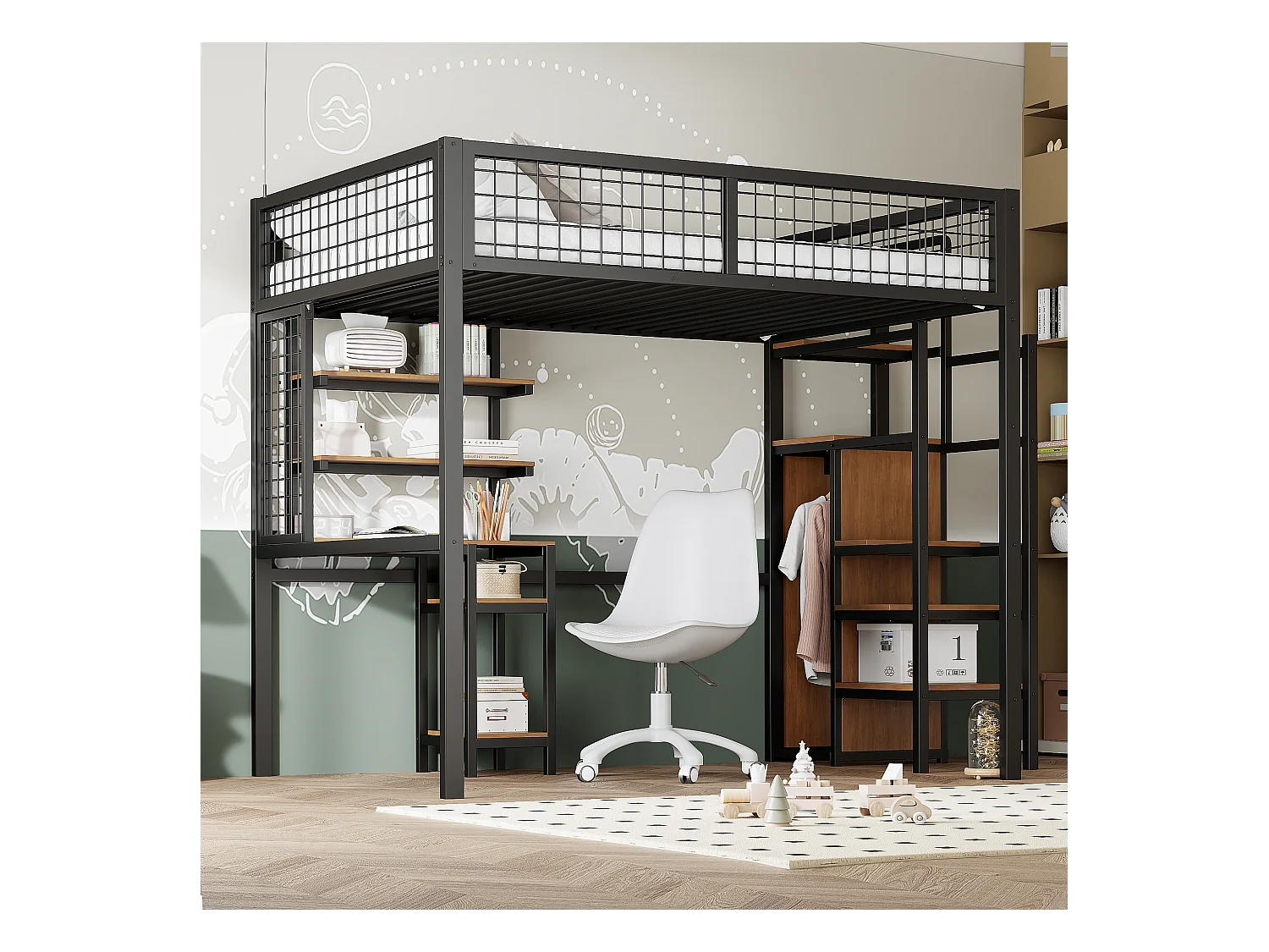 Lit mezzanine 140 x 200 cm avec bureau, étagères de ragement et armoir ouvert - Métal et bois MDF - Coloris noir