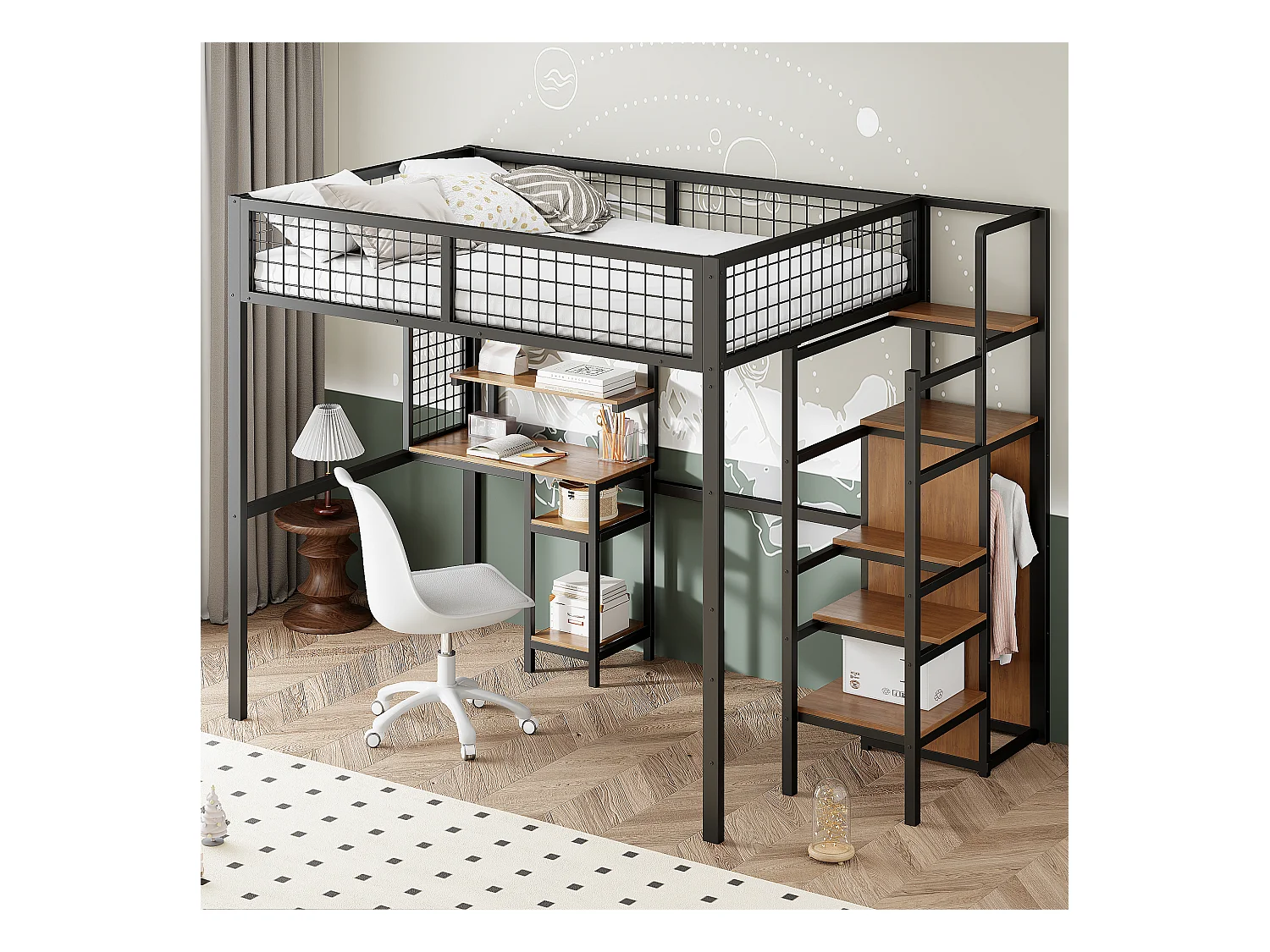 Lit mezzanine 140 x 200 cm avec bureau, étagères de ragement et armoir ouvert - Métal et bois MDF - Coloris noir