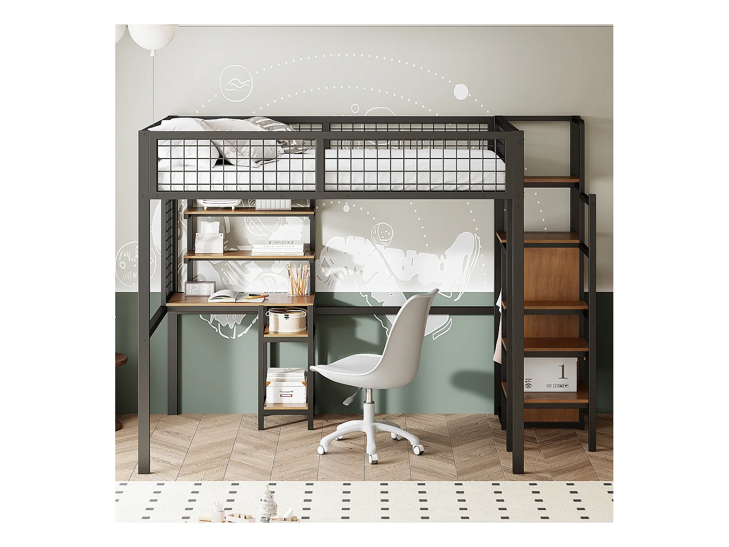 Lit mezzanine 140 x 200 cm avec bureau, étagères de ragement et armoir ouvert - Métal et bois MDF - Coloris noir