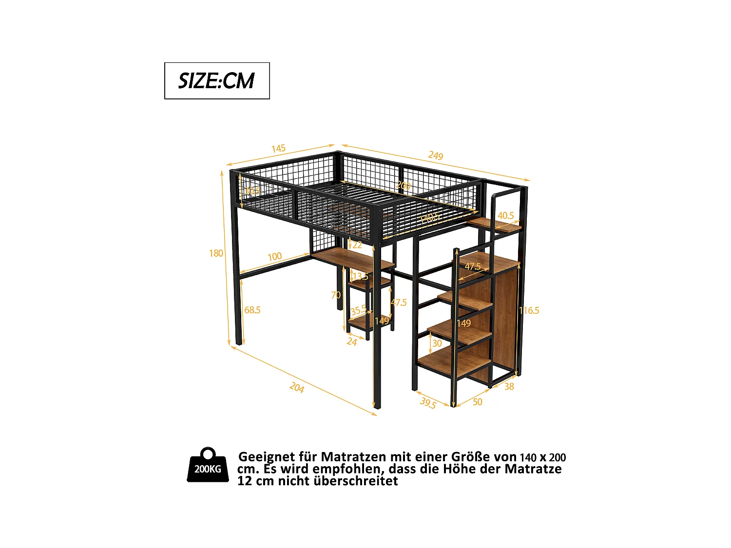 Lit mezzanine 140 x 200 cm avec bureau, étagères de ragement et armoir ouvert - Métal et bois MDF - Coloris noir
