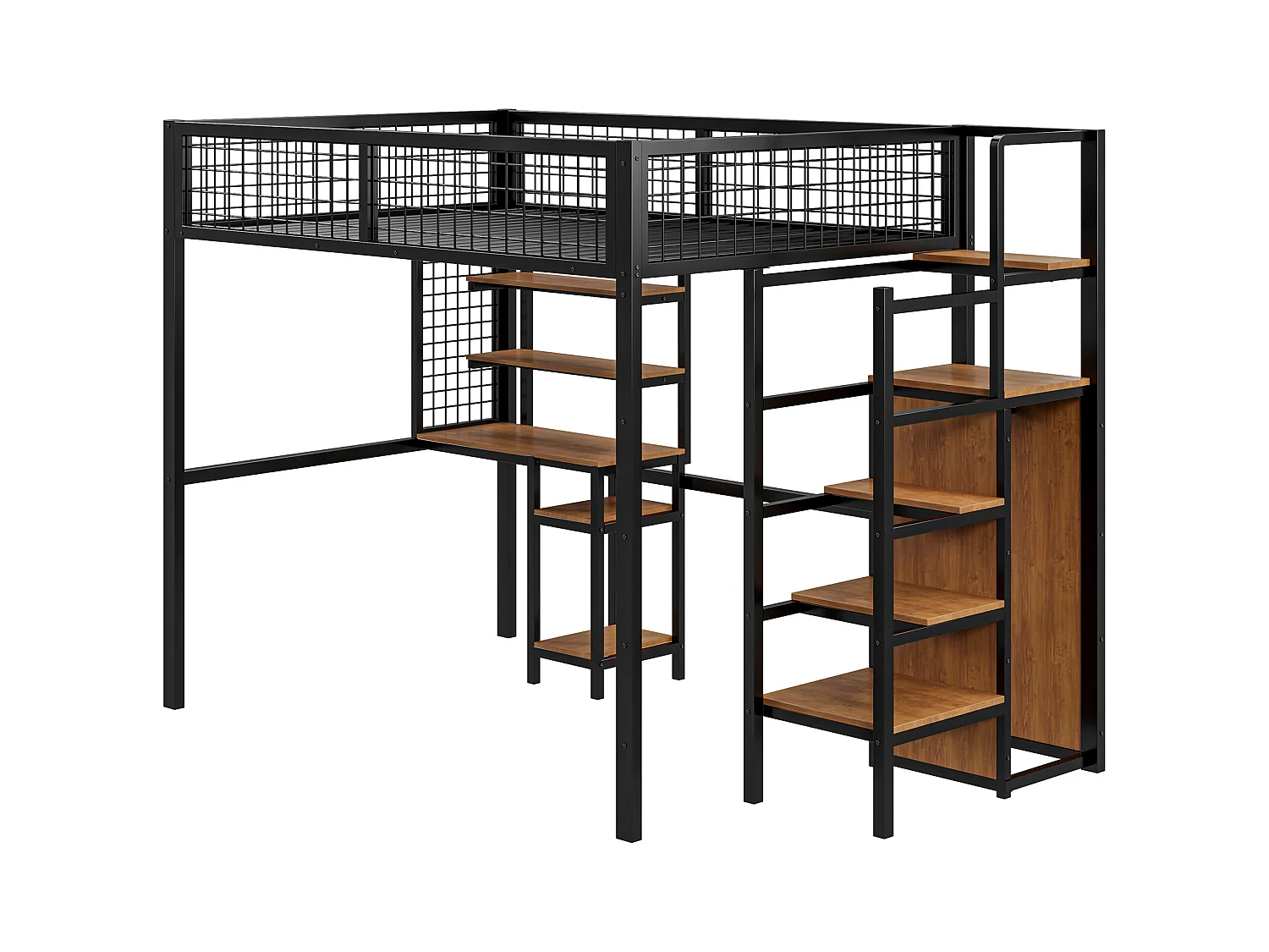 Lit mezzanine 140 x 200 cm avec bureau, étagères de ragement et armoir ouvert - Métal et bois MDF - Coloris noir