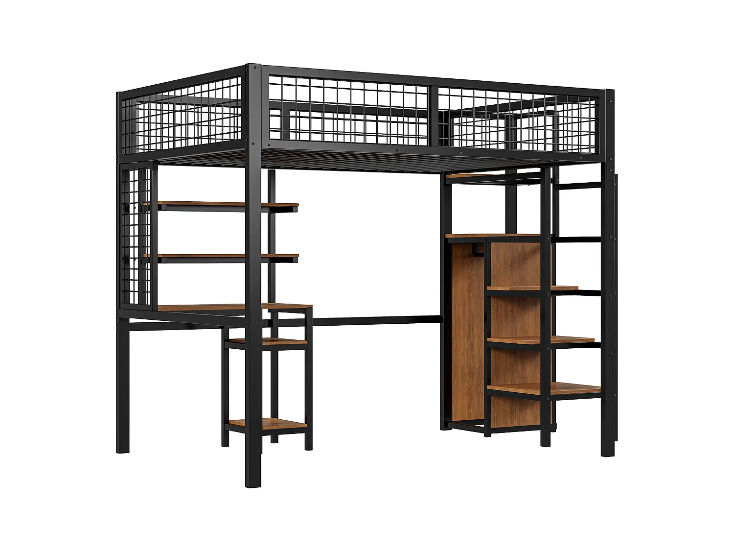 Lit mezzanine 140 x 200 cm avec bureau, étagères de ragement et armoir ouvert - Métal et bois MDF - Coloris noir