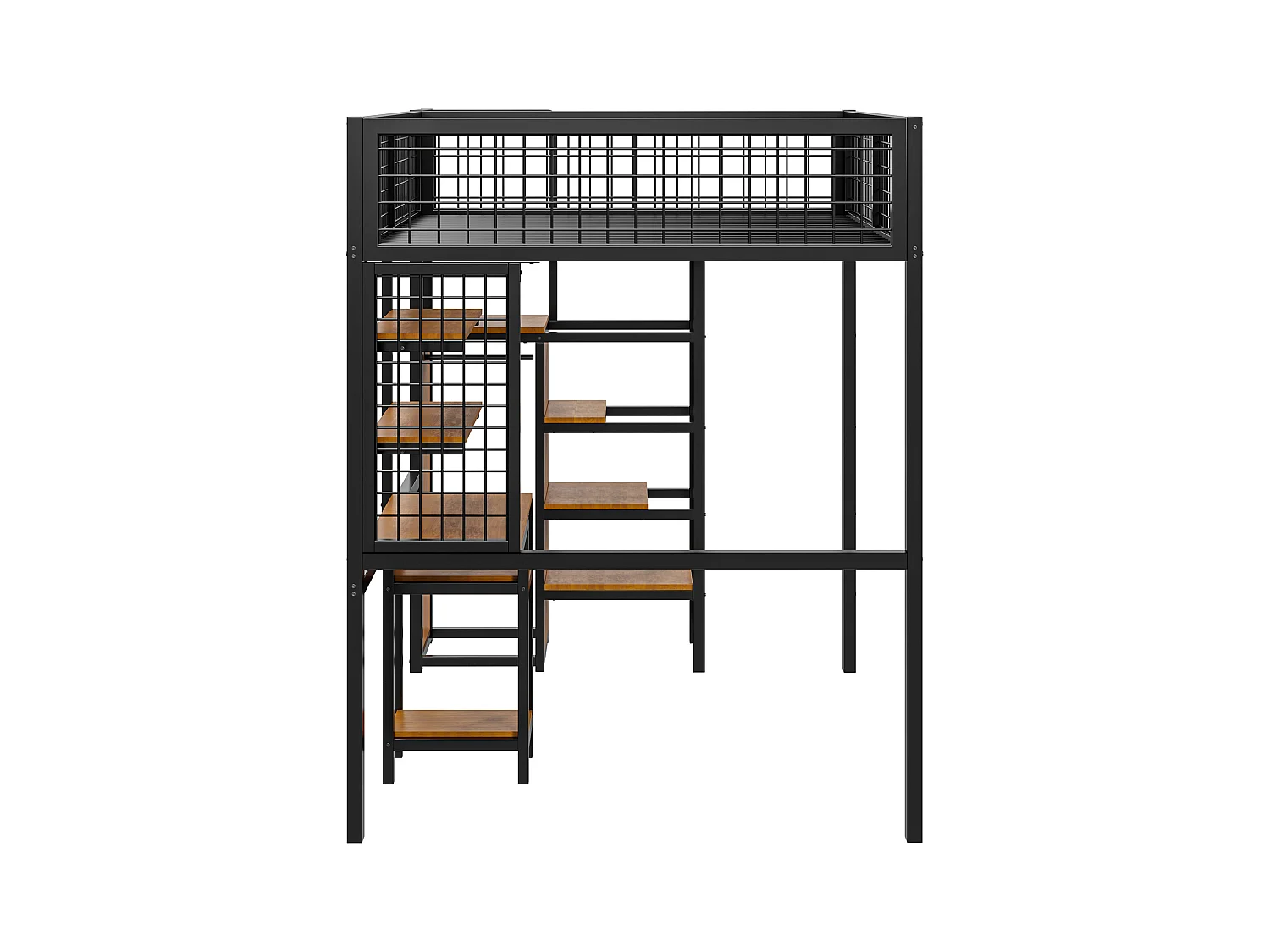 Lit mezzanine 140 x 200 cm avec bureau, étagères de ragement et armoir ouvert - Métal et bois MDF - Coloris noir