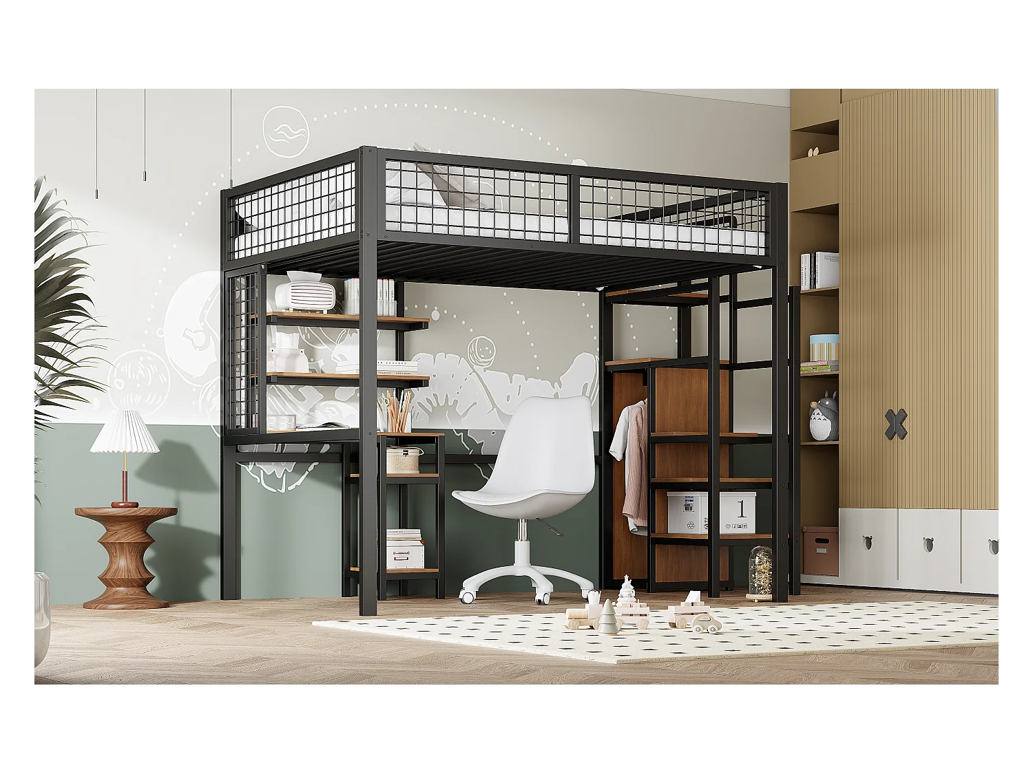 Lit mezzanine 140 x 200 cm avec bureau, étagères de ragement et armoir ouvert - Métal et bois MDF - Coloris noir