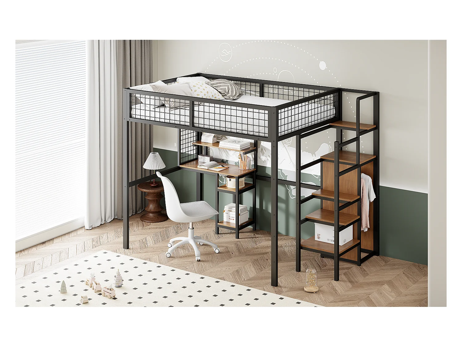 Lit mezzanine 140 x 200 cm avec bureau, étagères de ragement et armoir ouvert - Métal et bois MDF - Coloris noir