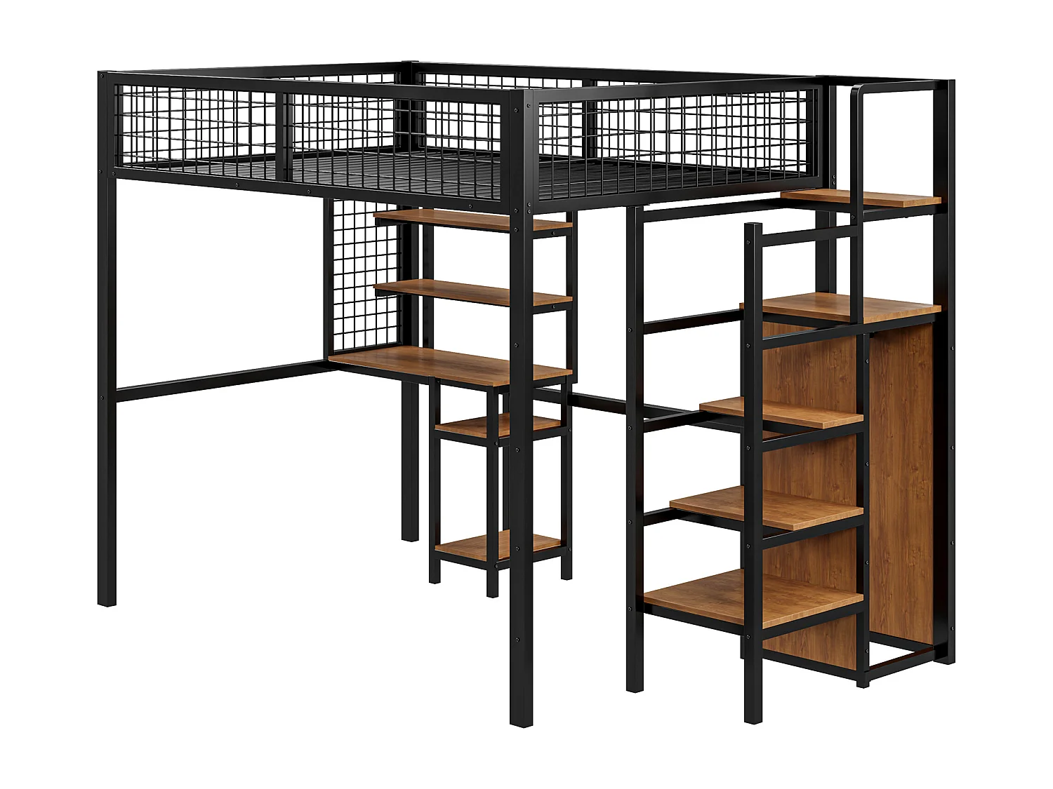 Lit mezzanine 140 x 200 cm avec bureau, étagères de ragement et armoir ouvert - Métal et bois MDF - Coloris noir