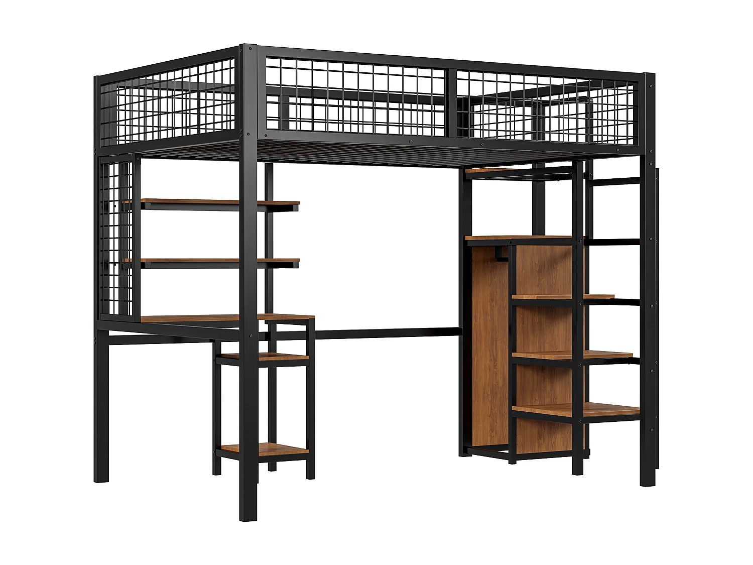 Lit mezzanine 140 x 200 cm avec bureau, étagères de ragement et armoir ouvert - Métal et bois MDF - Coloris noir