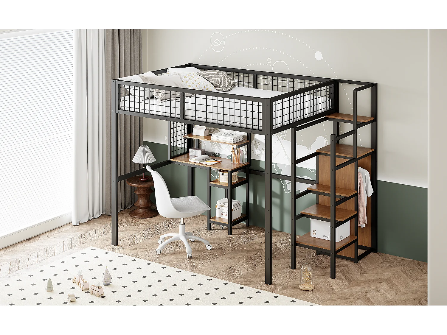 Lit mezzanine 140 x 200 cm avec bureau, étagères de ragement et armoir ouvert - Métal et bois MDF - Coloris noir