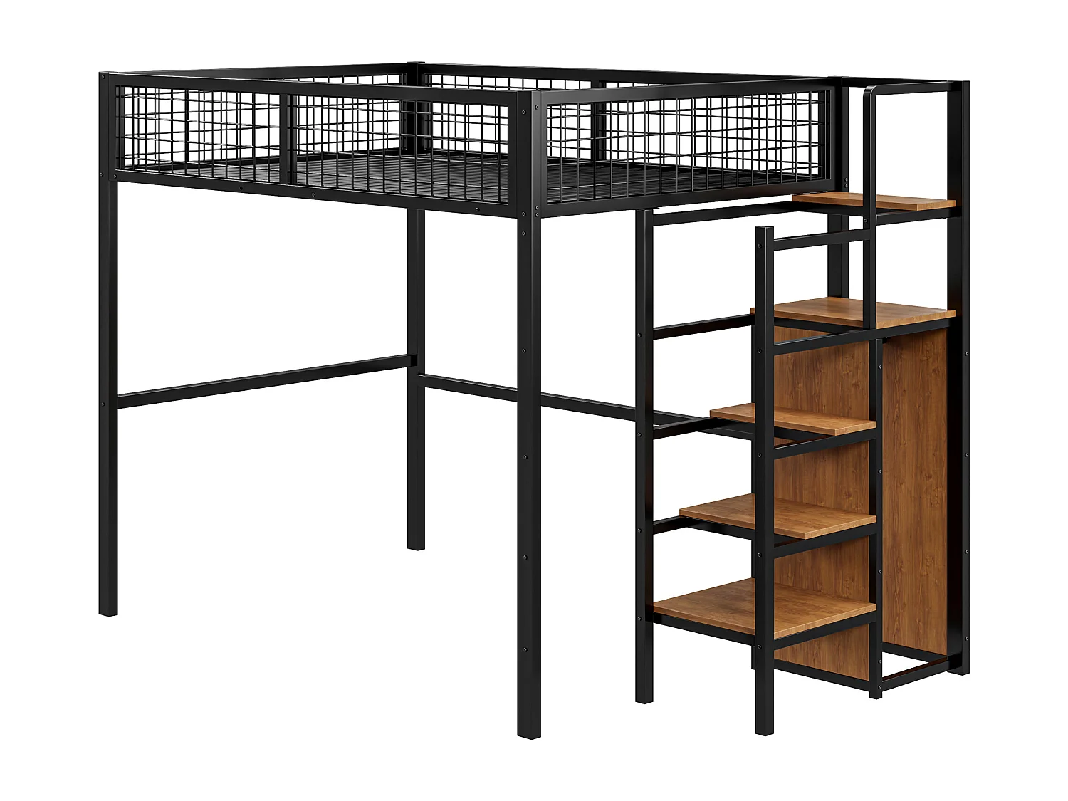 Lit mezzanine 140 x 200 cm avec armoire ouverte et échelle - structure en métal - noir