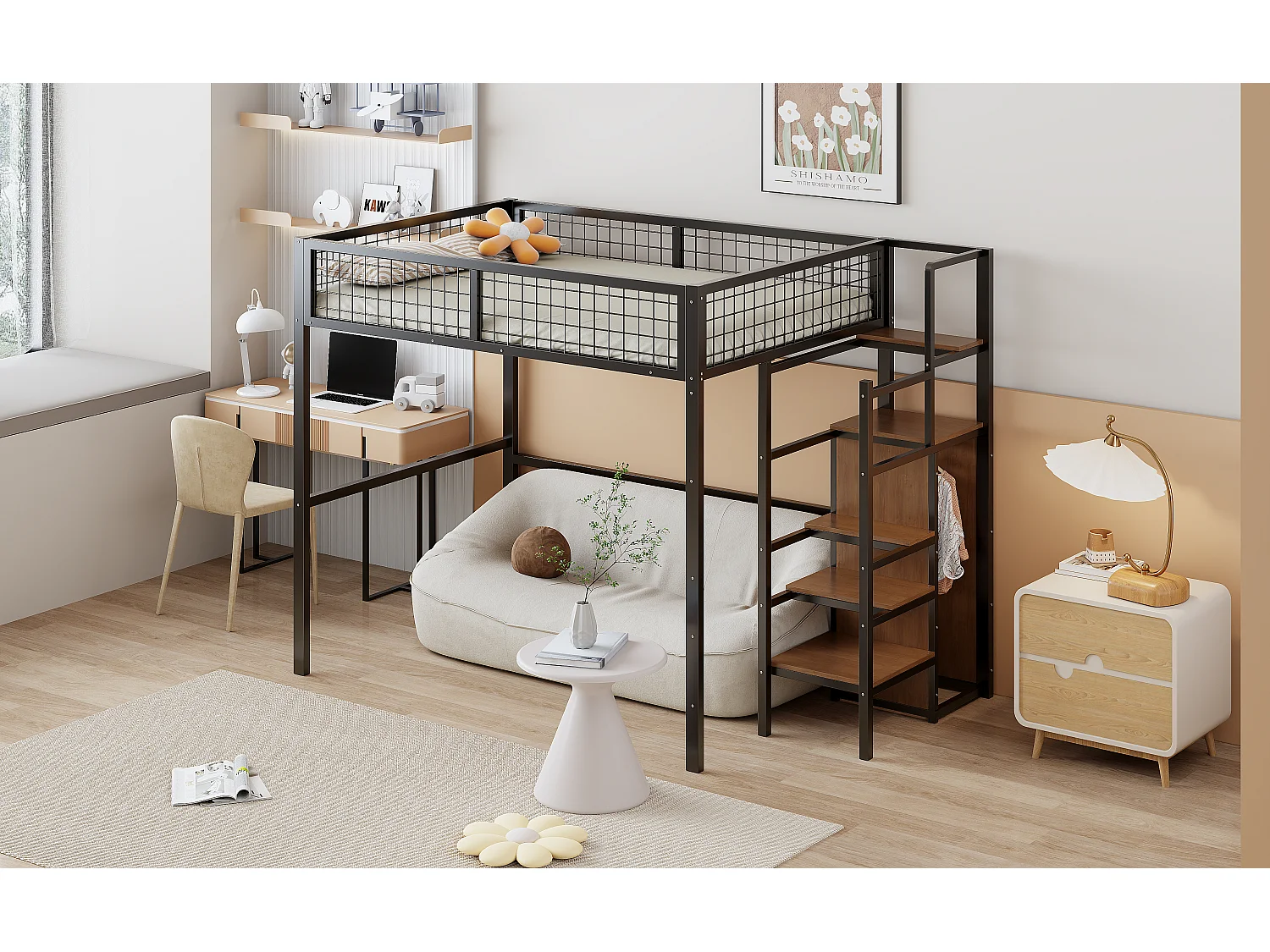 Lit mezzanine 140 x 200 cm avec armoire ouverte et échelle - structure en métal - noir