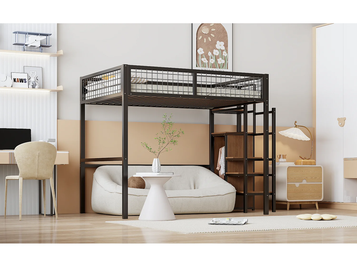 Lit mezzanine 140 x 200 cm avec armoire ouverte et échelle - structure en métal - noir