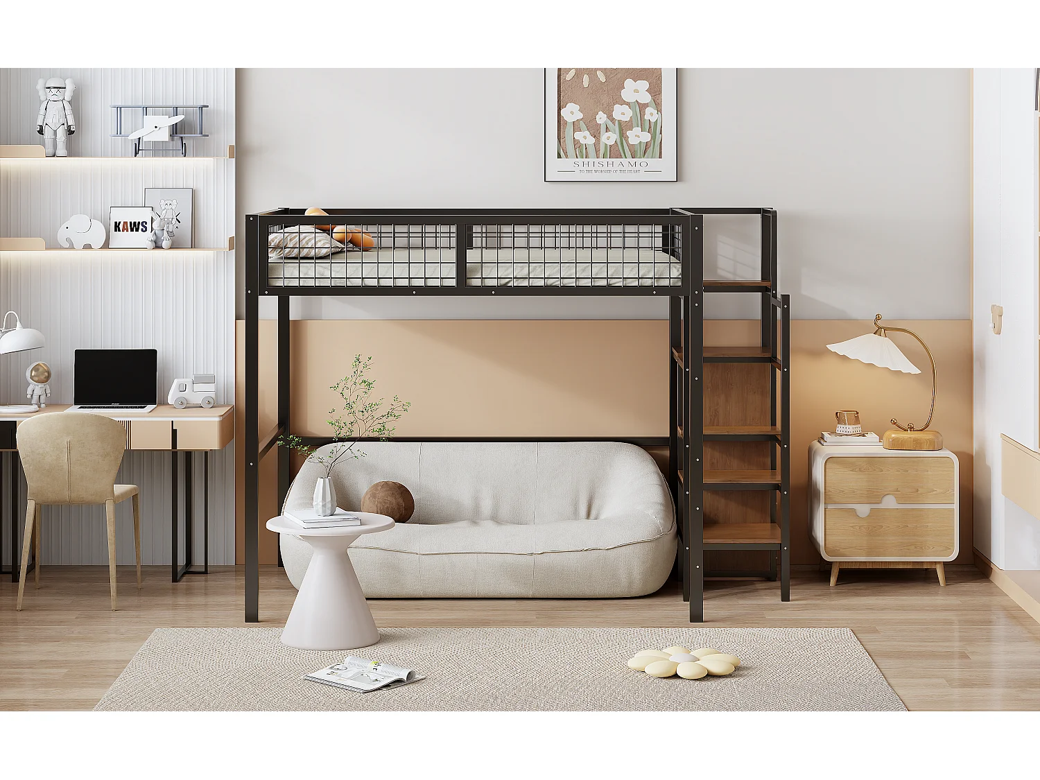 Hochbett 140 x 200 cm mit offenem Kleiderschrank und Leiter – Metallgestell – Schwarz