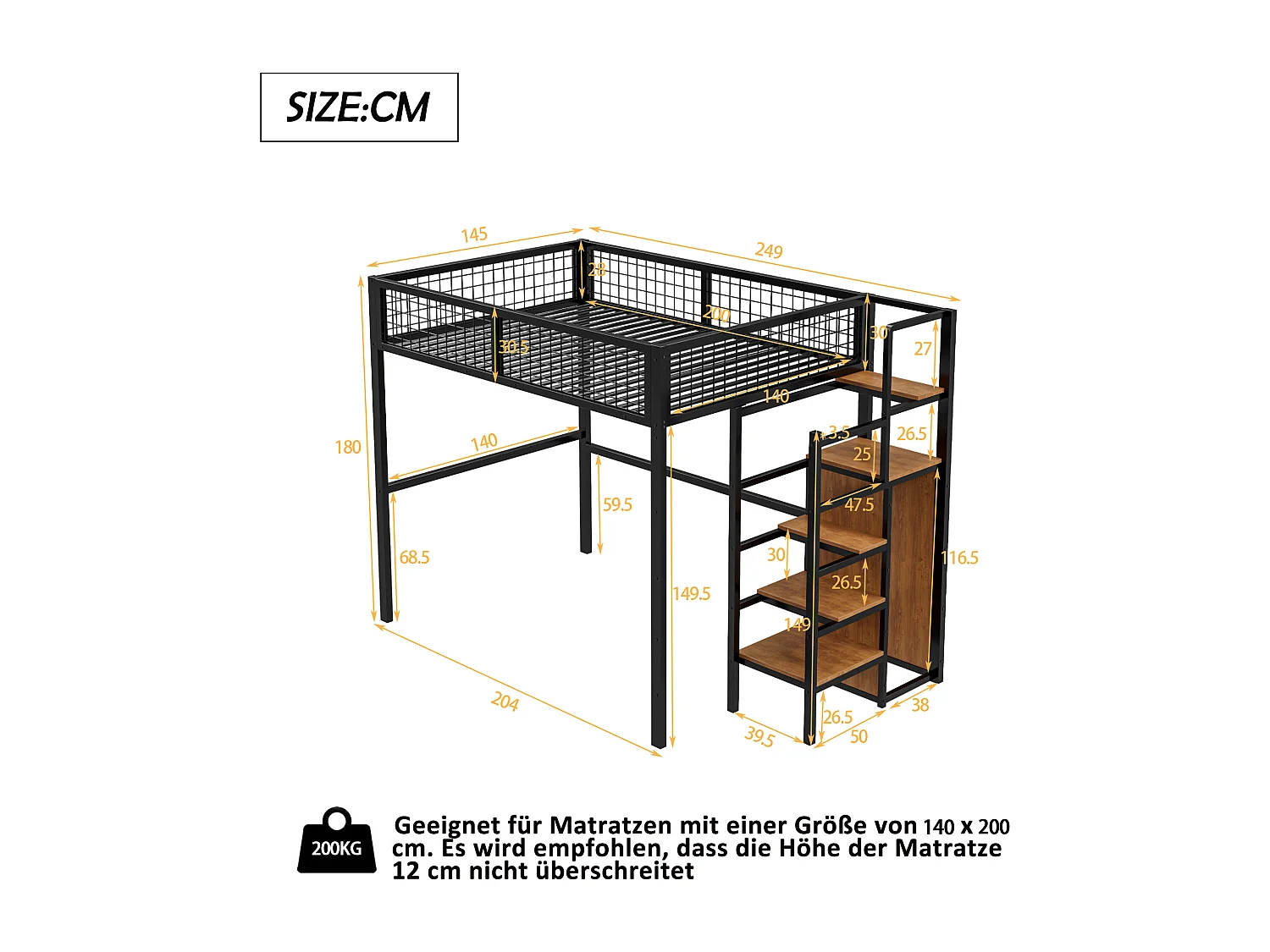 Hochbett 140 x 200 cm mit offenem Kleiderschrank und Leiter – Metallgestell – Schwarz