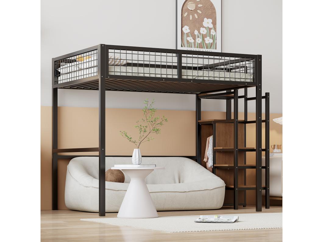 Cama alta 140 x 200 cm com guarda-roupa aberto e escada - estrutura metálica - preta
