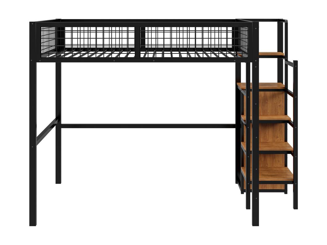Hoogslaper 140 x 200 cm met open kledingkast en ladder - metalen frame - zwart