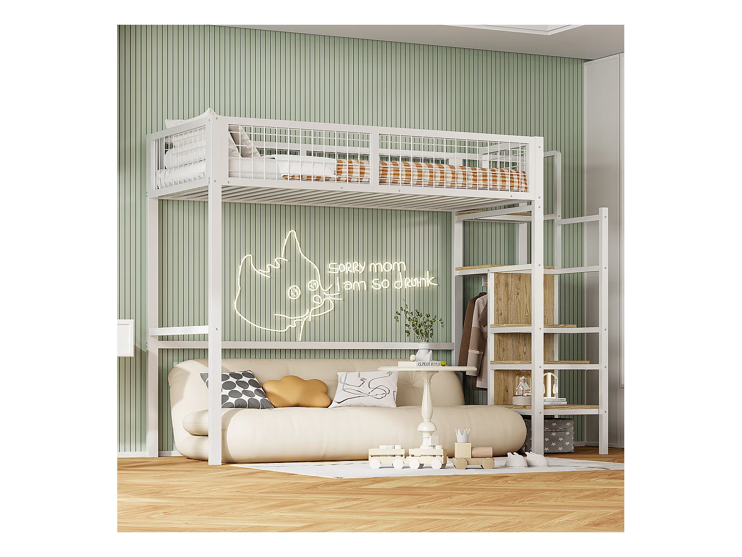 Lit mezzanine 90 x 200 cm avec penderie et étagères et rangements - Métal + bois MDF - Blanc