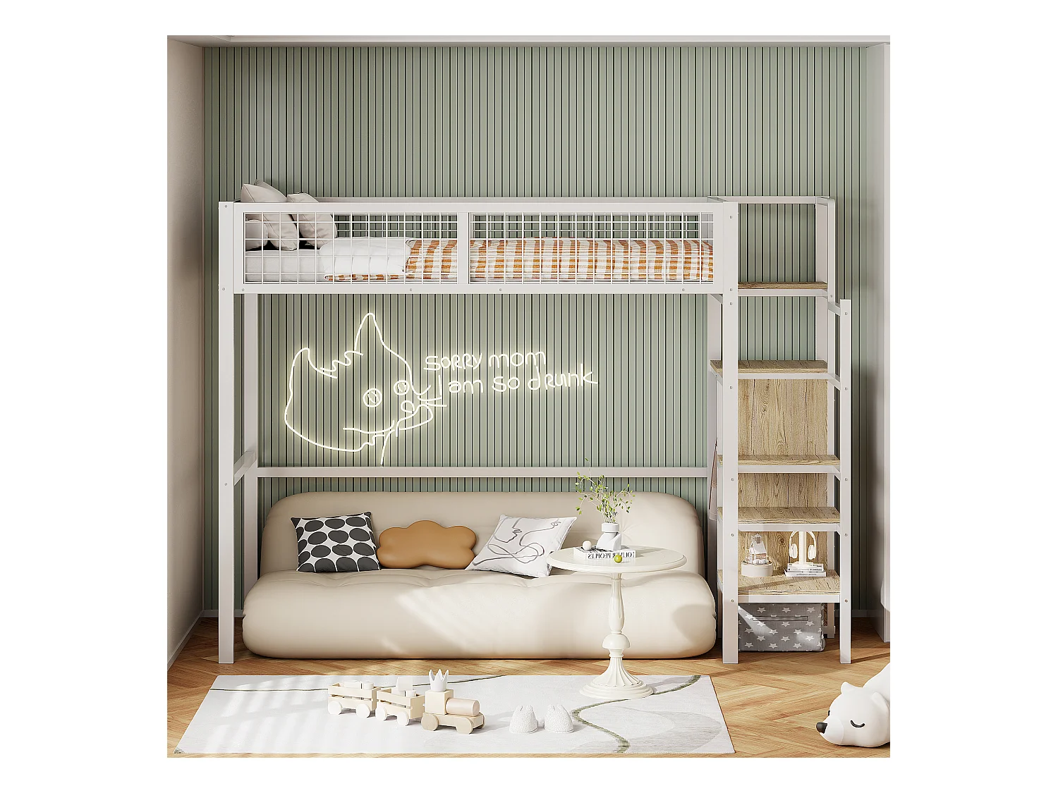 Lit mezzanine 90 x 200 cm avec penderie et étagères et rangements - Métal + bois MDF - Blanc