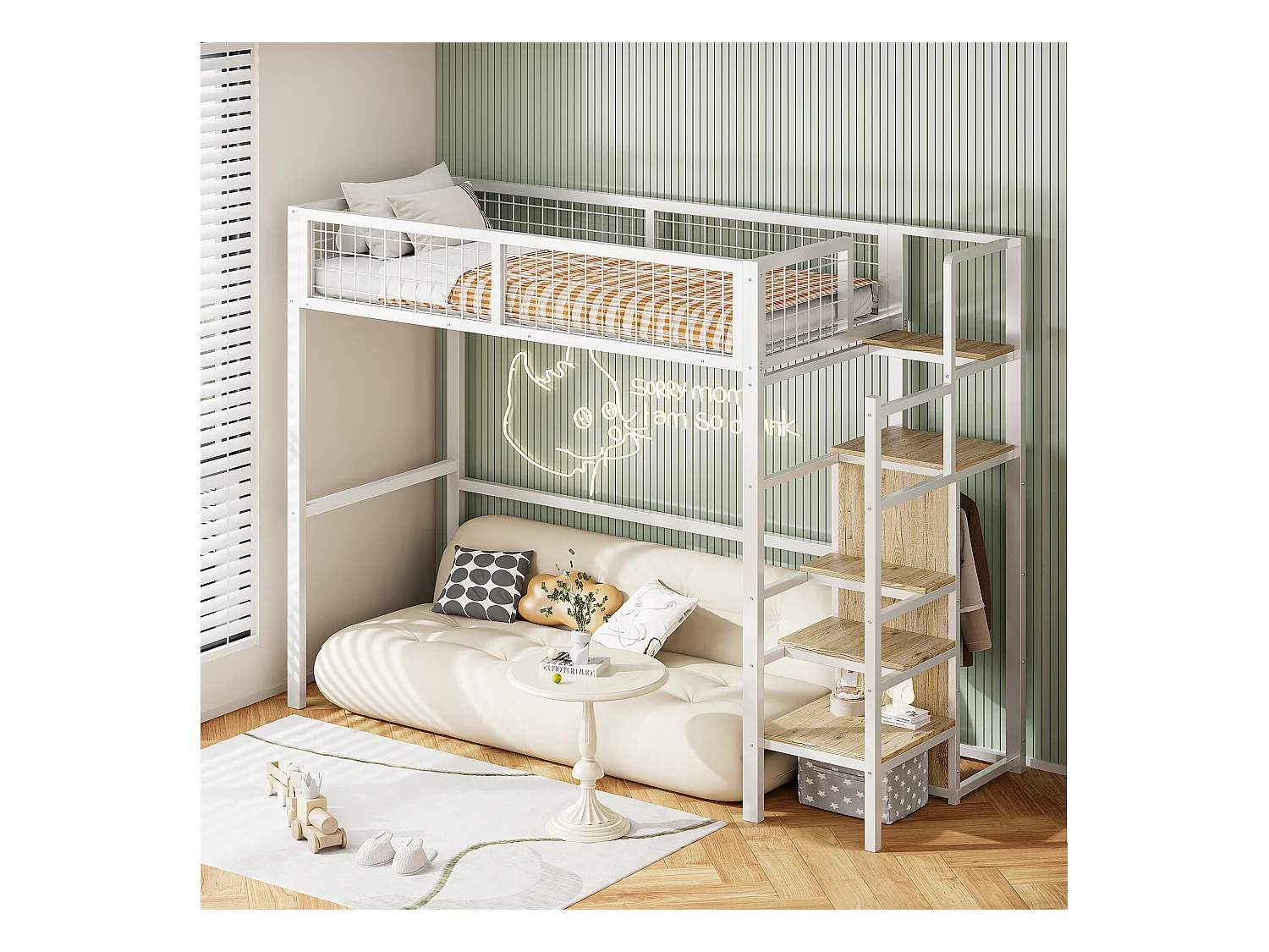 Lit mezzanine 90 x 200 cm avec penderie et étagères et rangements - Métal + bois MDF - Blanc