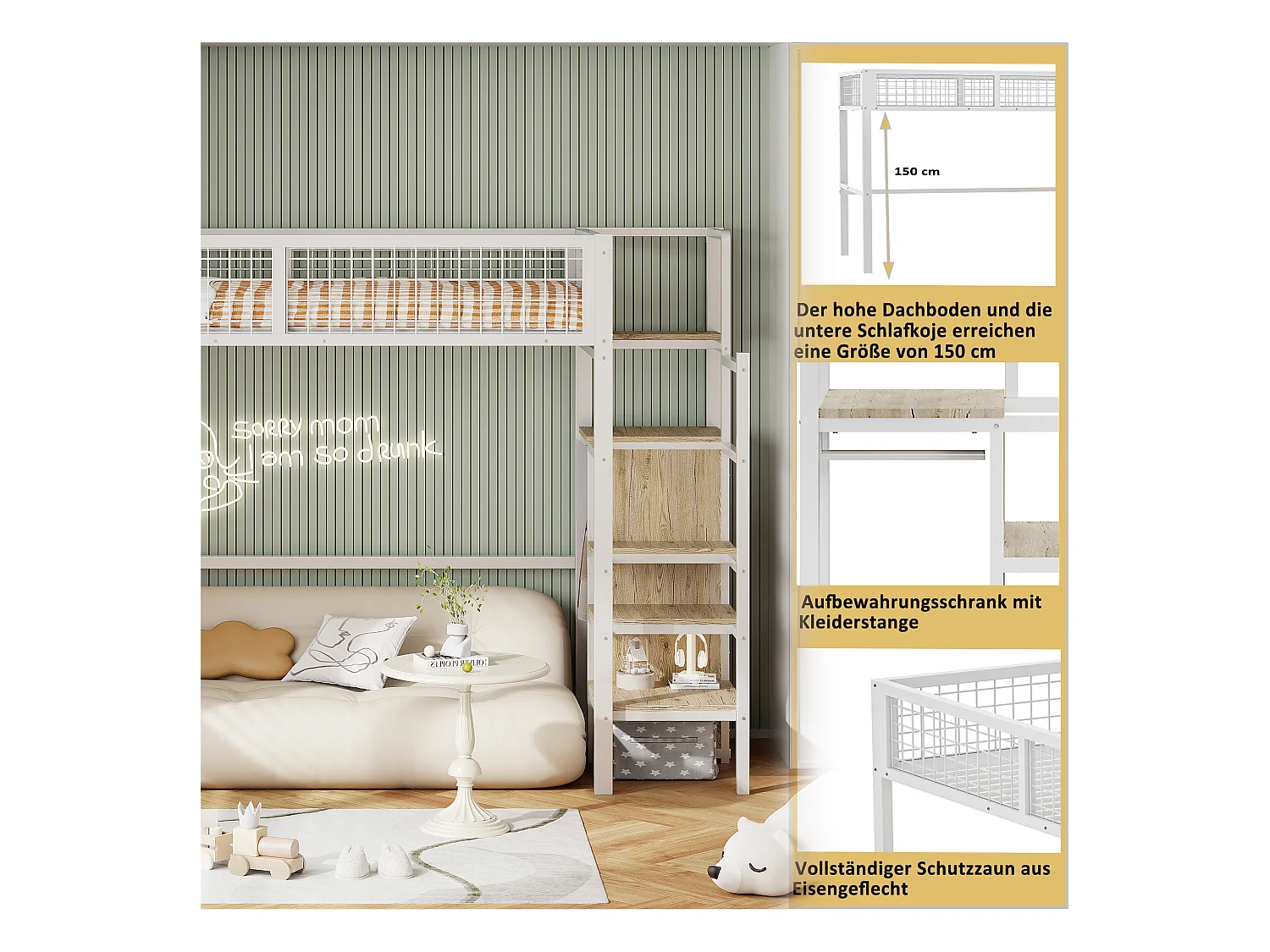 Lit mezzanine 90 x 200 cm avec penderie et étagères et rangements - Métal + bois MDF - Blanc