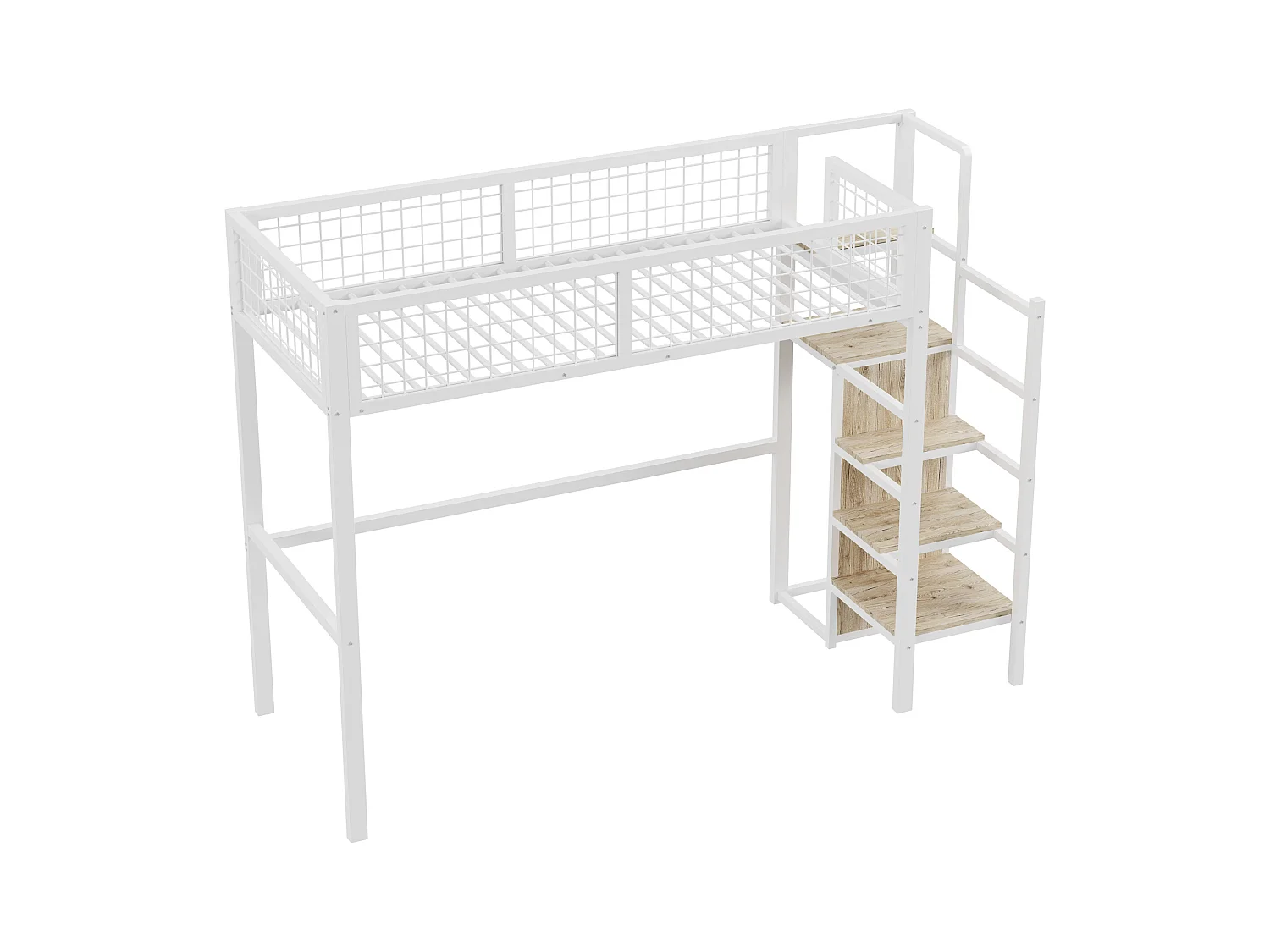 Lit mezzanine 90 x 200 cm avec penderie et étagères et rangements - Métal + bois MDF - Blanc
