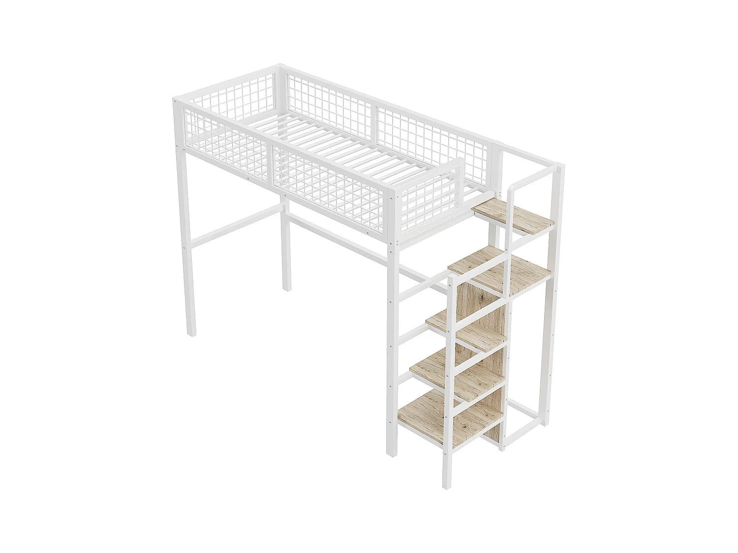 Lit mezzanine 90 x 200 cm avec penderie et étagères et rangements - Métal + bois MDF - Blanc