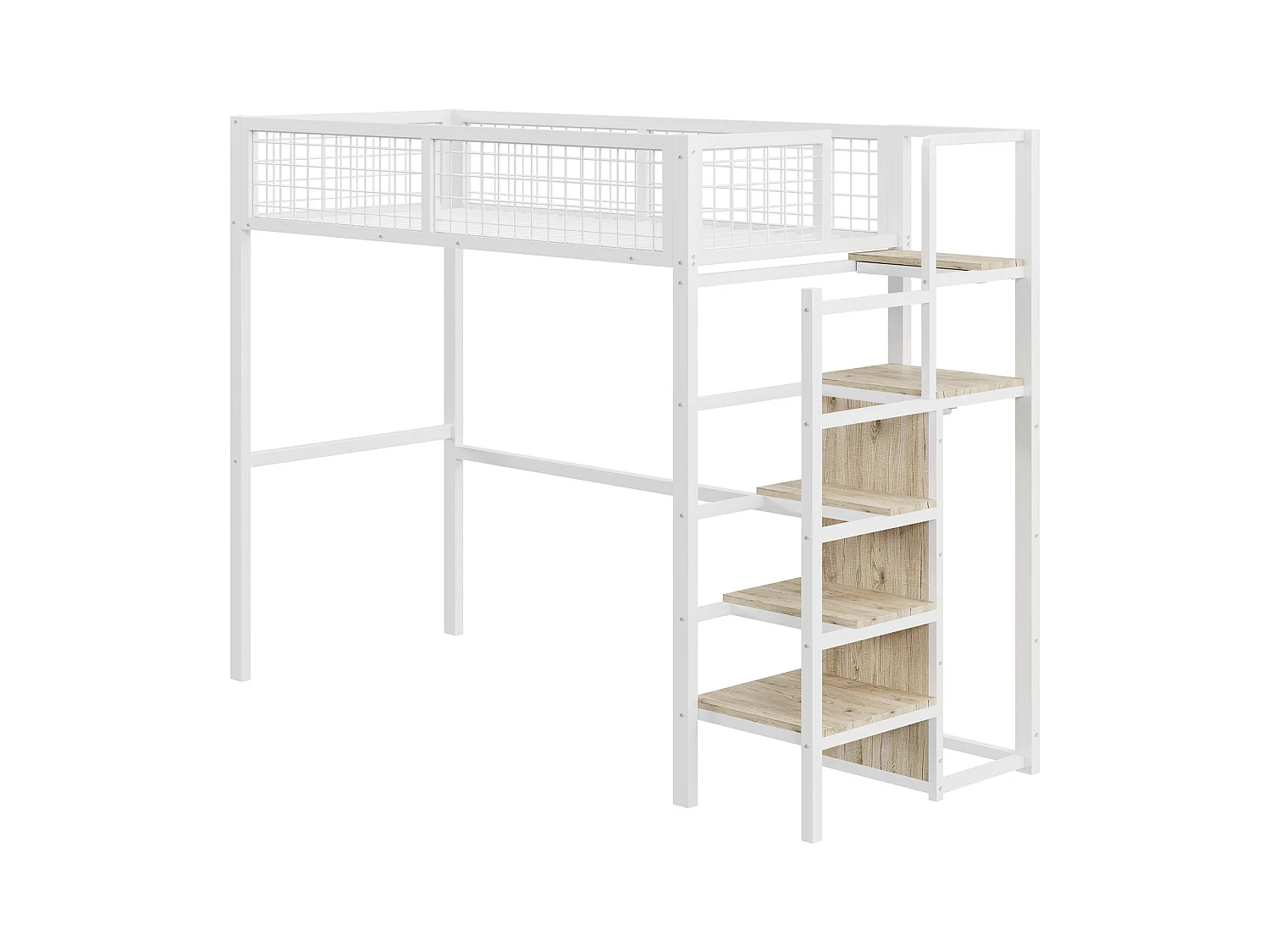 Lit mezzanine 90 x 200 cm avec penderie et étagères et rangements - Métal + bois MDF - Blanc